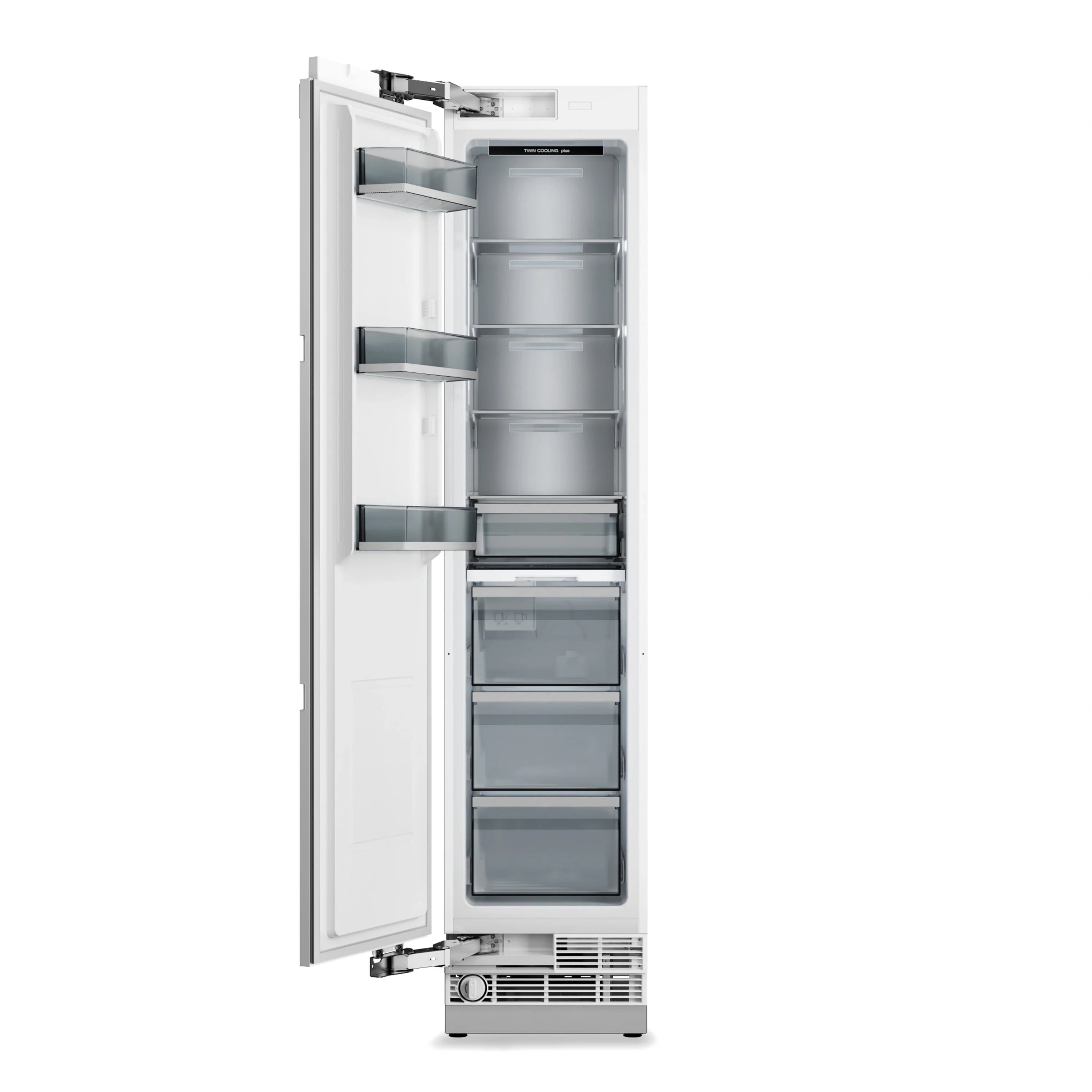 Open built-in column freezer side with stacked bins and interior shelves