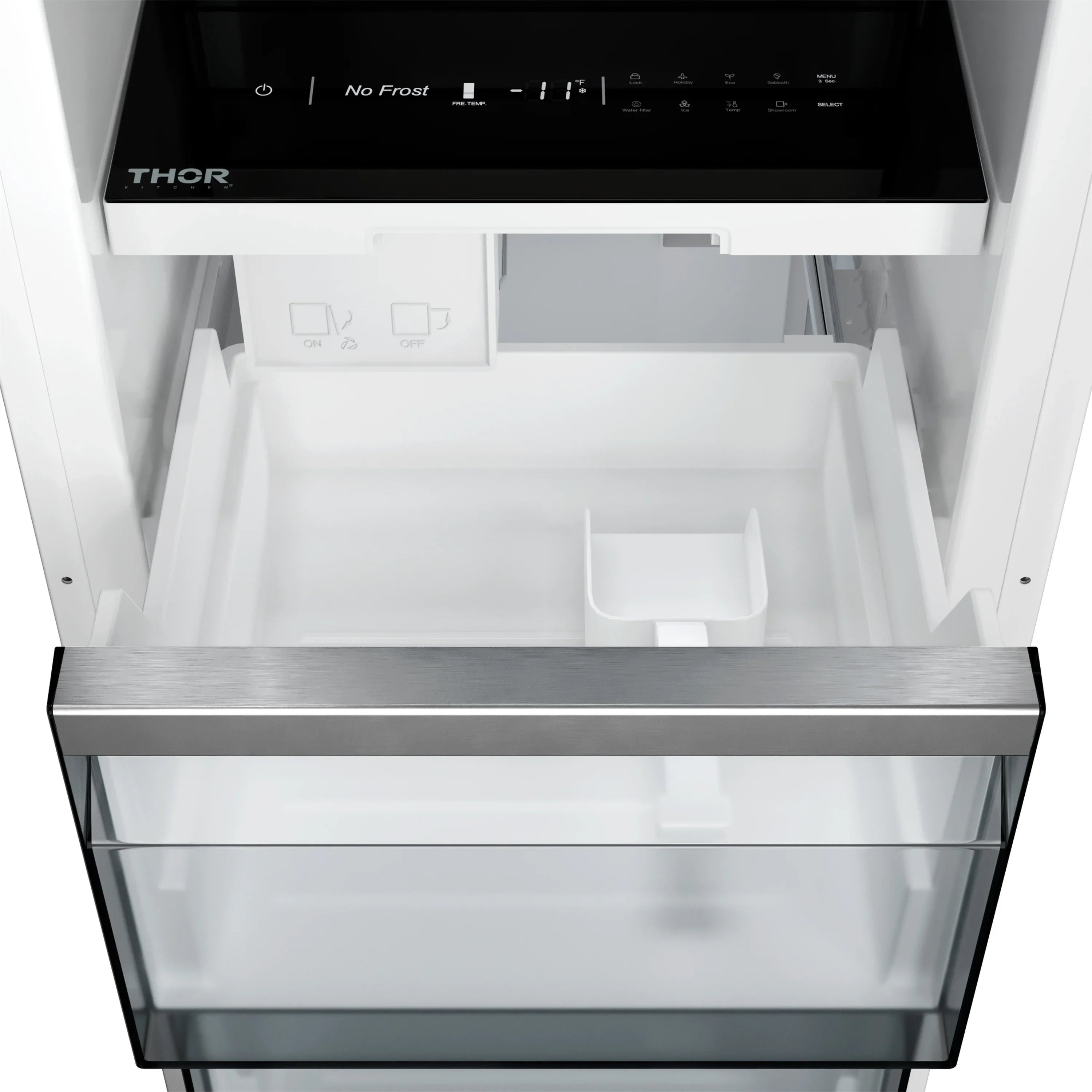 No Frost freezer compartment with glass shelf, controls panel, and empty interior bins