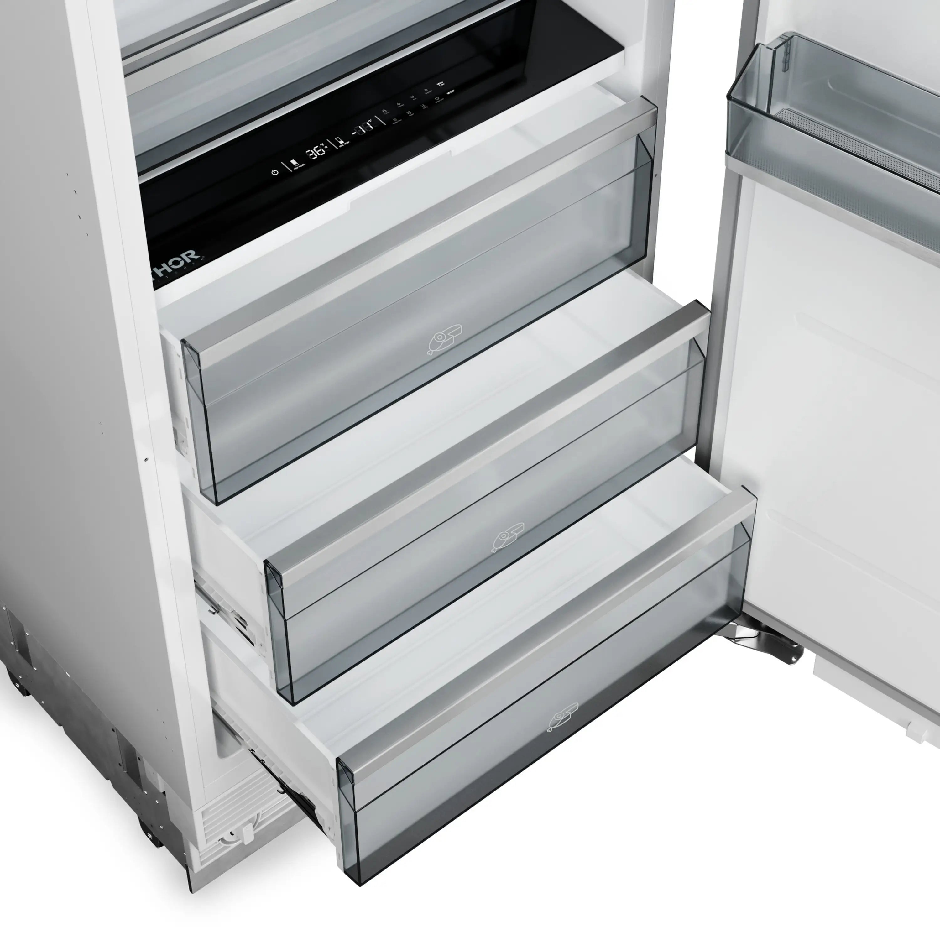 Opened column refrigerator showing interior drawers and glass shelves, door swung open