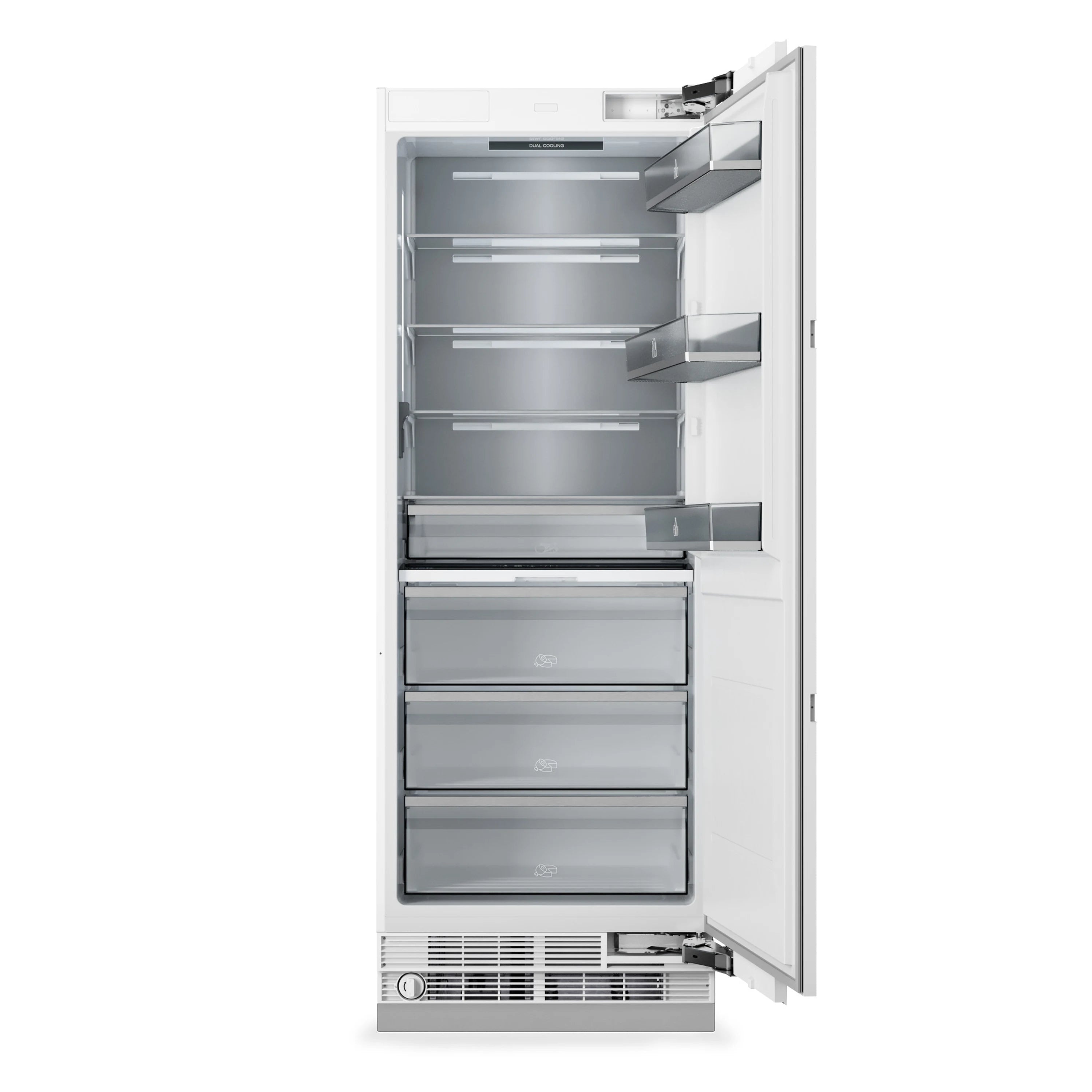 Opened column refrigerator interior with multiple glass shelves and clear drawers