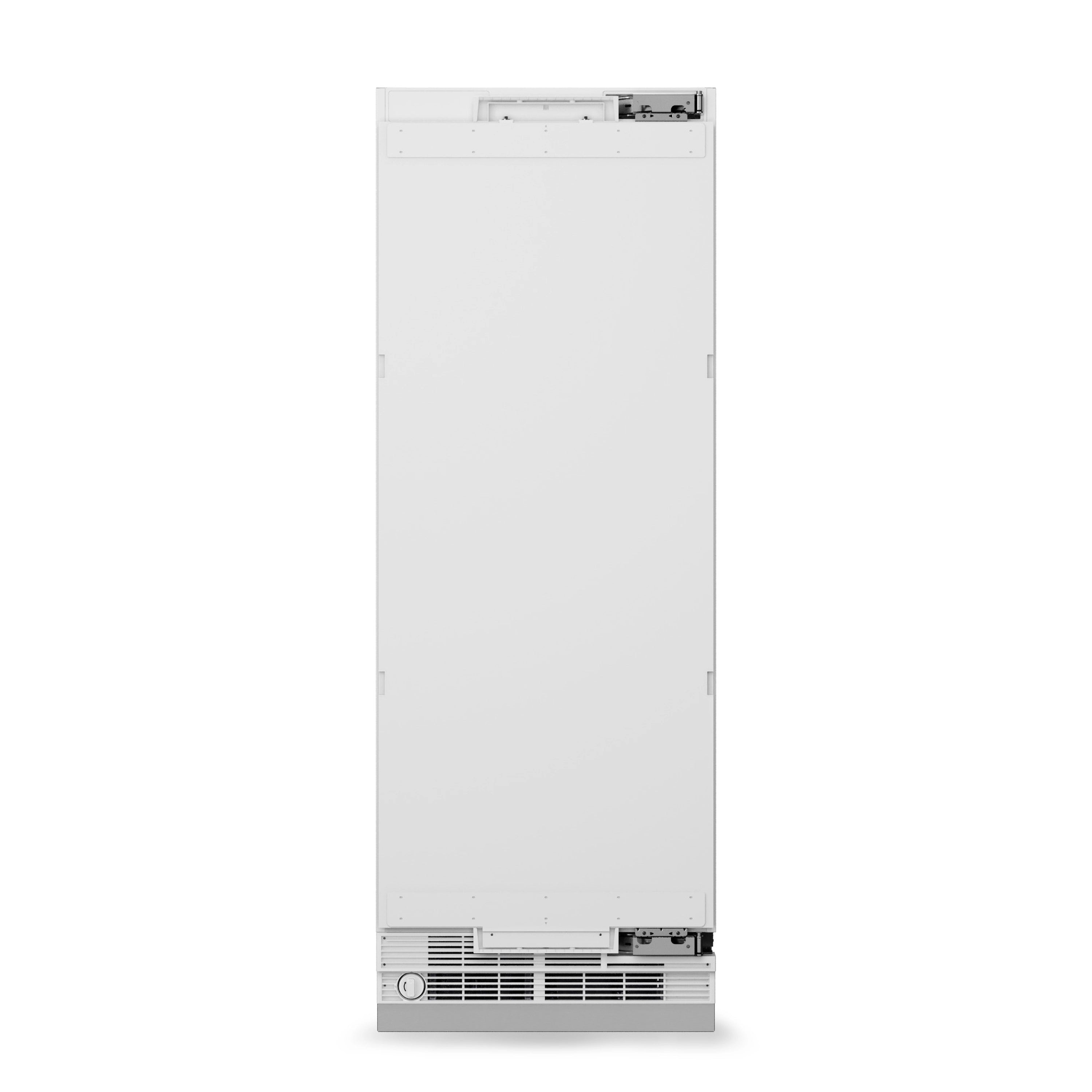 Panel-ready column refrigerator in white, front view with vent grille at bottom