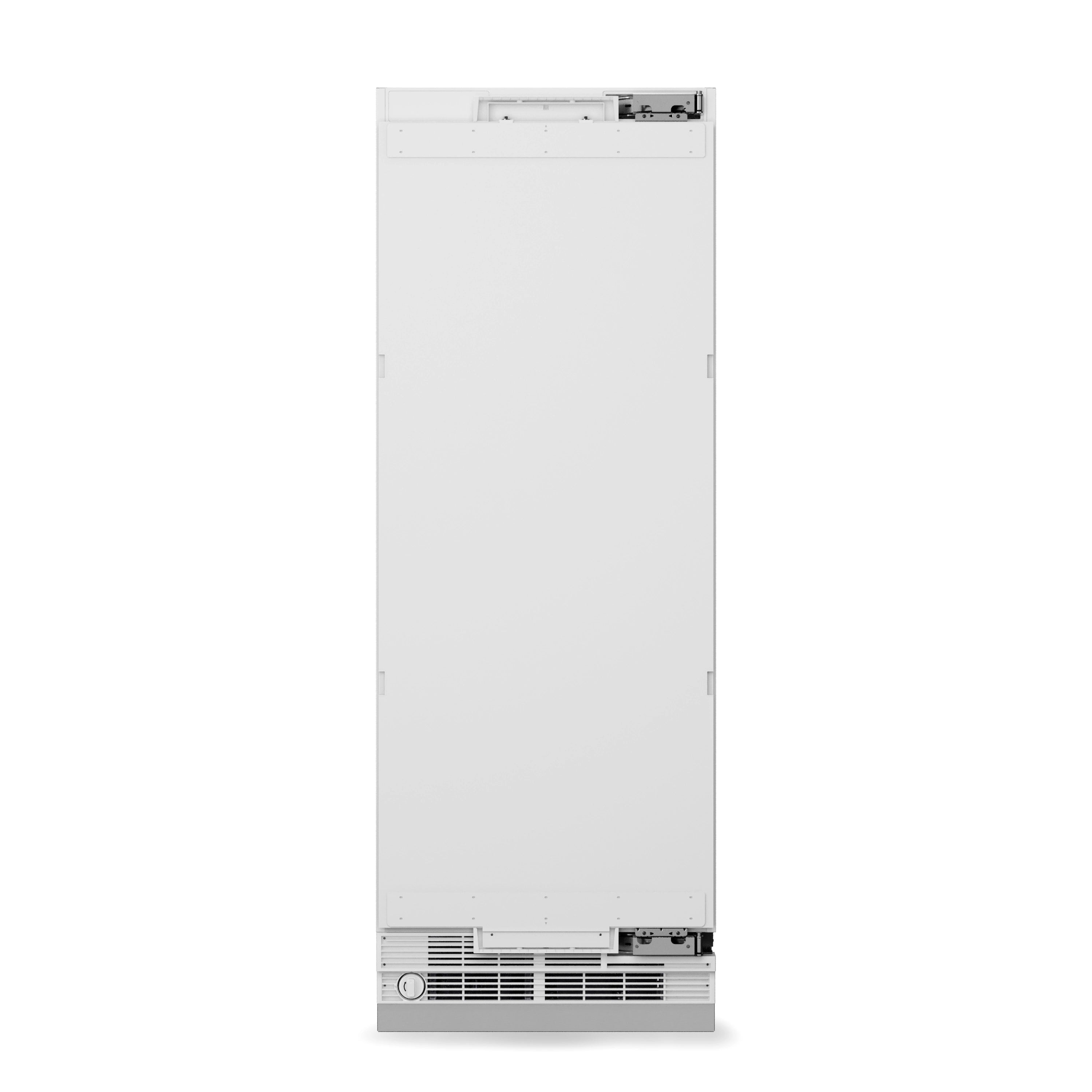Panel-ready column refrigerator in white, front view with door closed and bottom vent