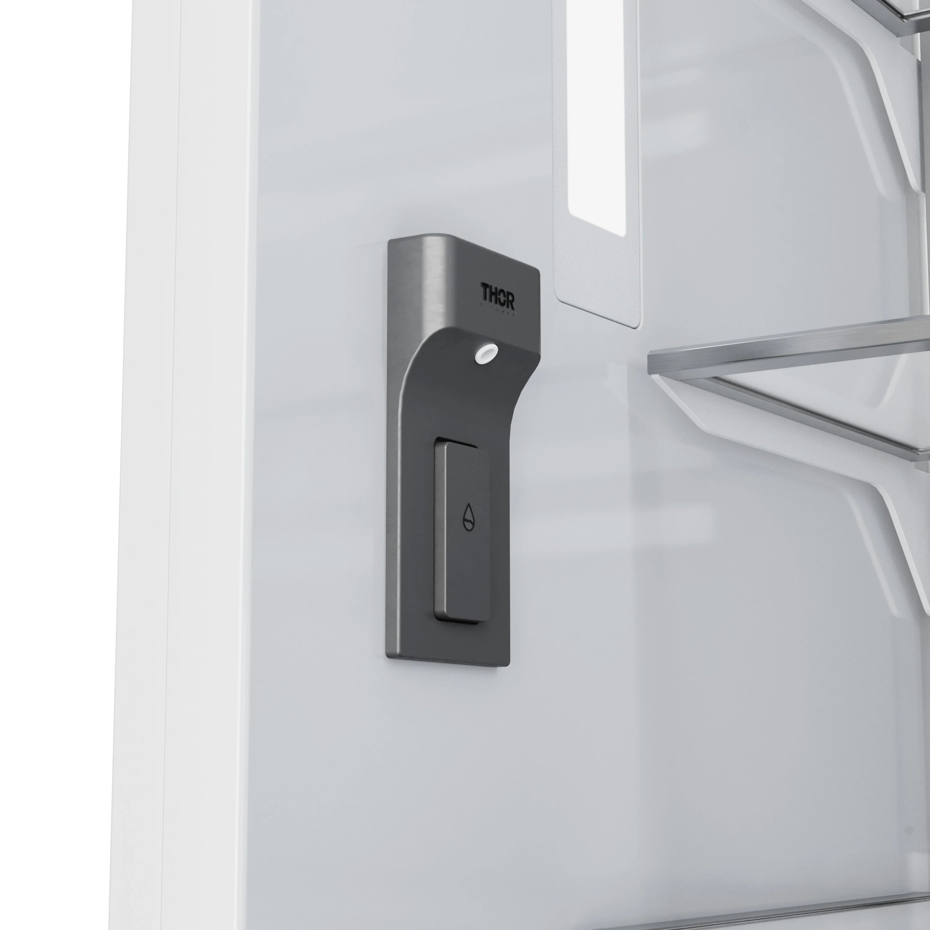 Internal water dispenser lever on white column refrigerator interior wall