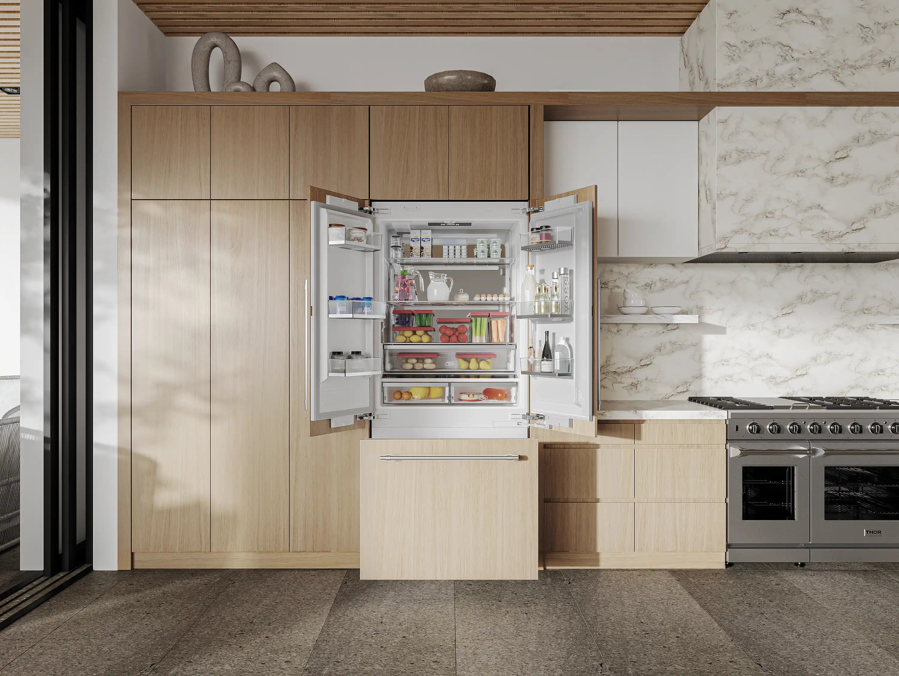 Panel-ready refrigerator in cabinetry with doors open, shelves and compartments visible