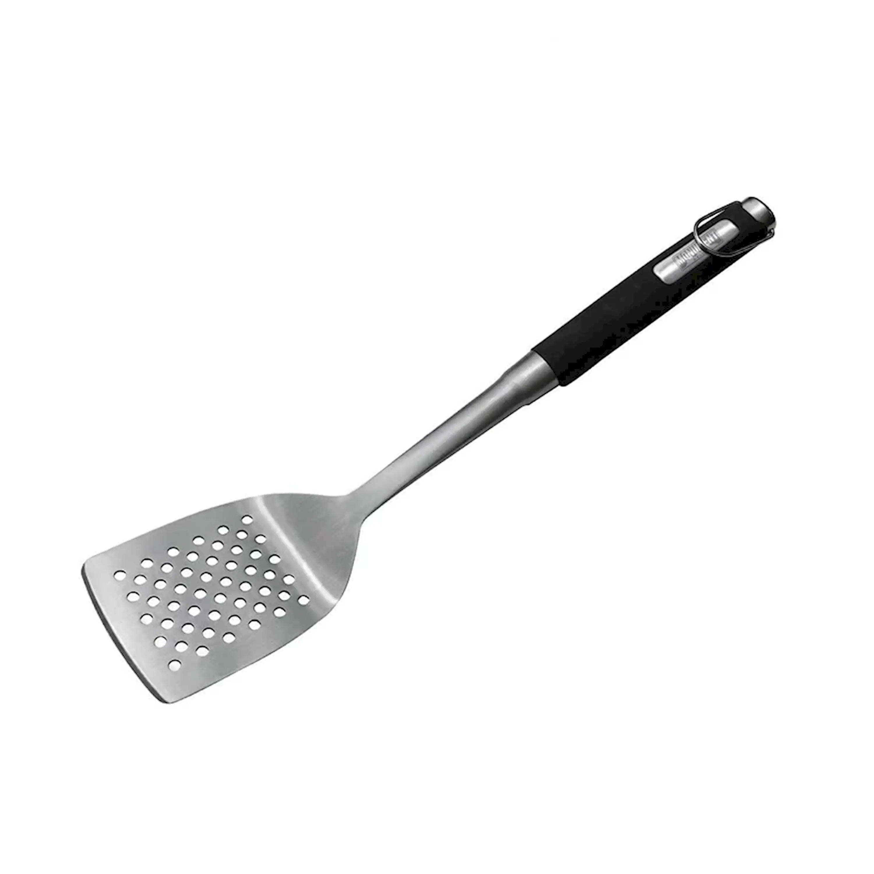 Perforated stainless steel spatula with black-and-silver handle