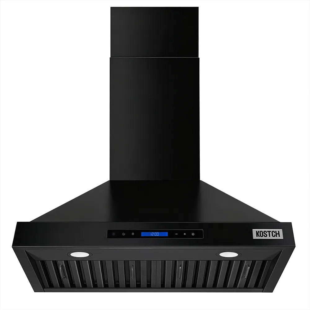 Black convertible range hood with KOSTCH control panel and two front lights