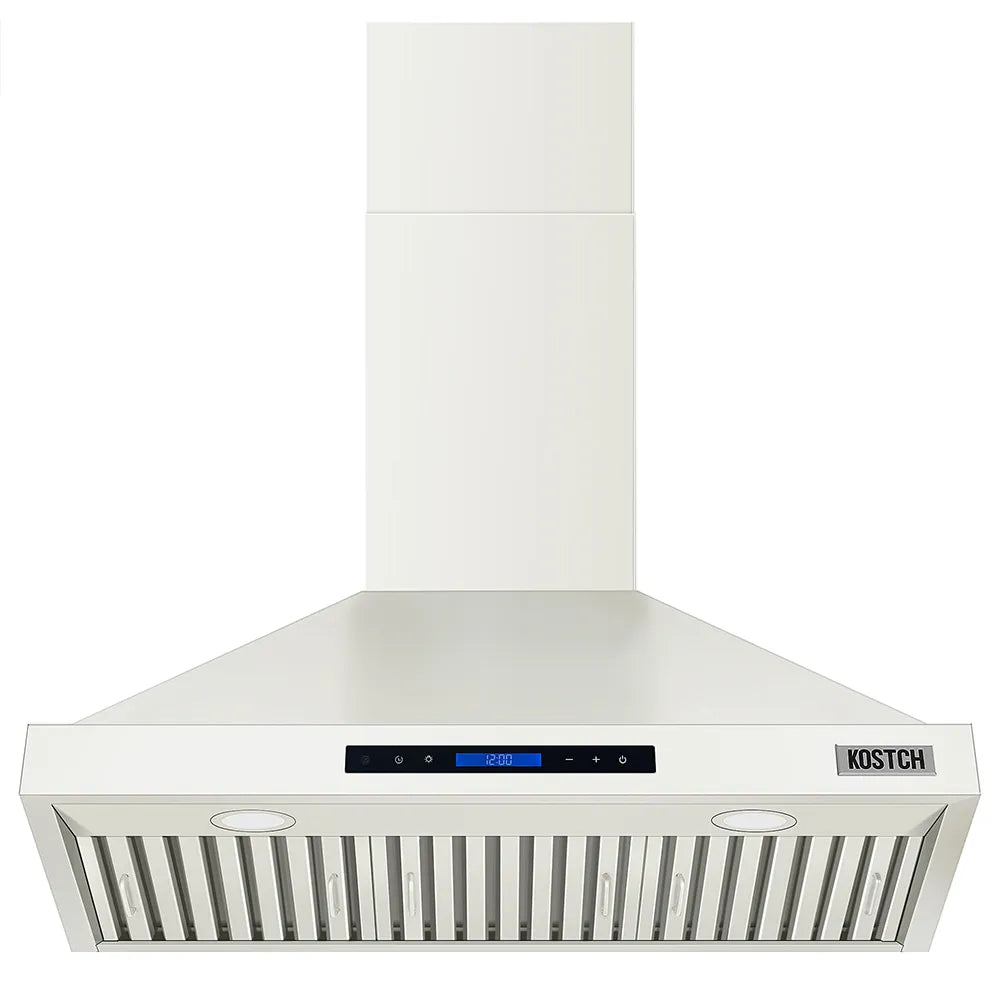 White wall-mounted range hood with chimney-style canopy, control panel, and vent slats