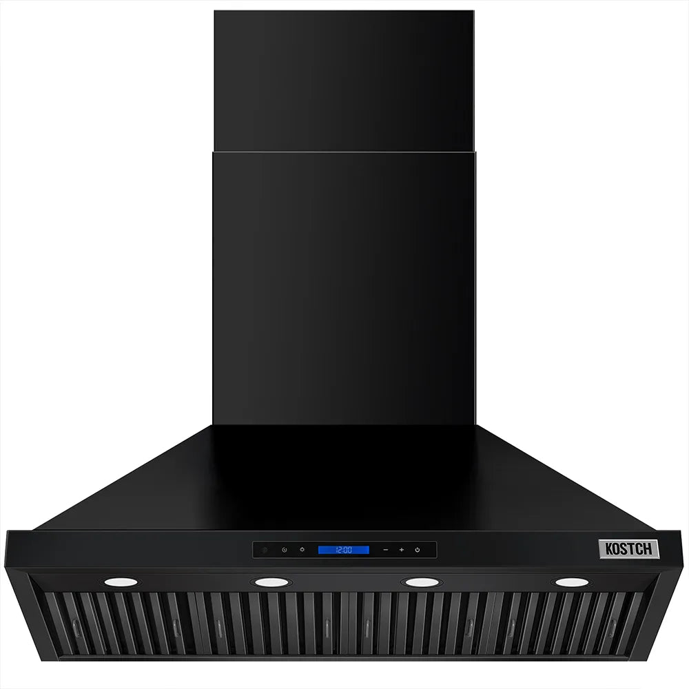 Black wall range hood with front vent grille and four round lights