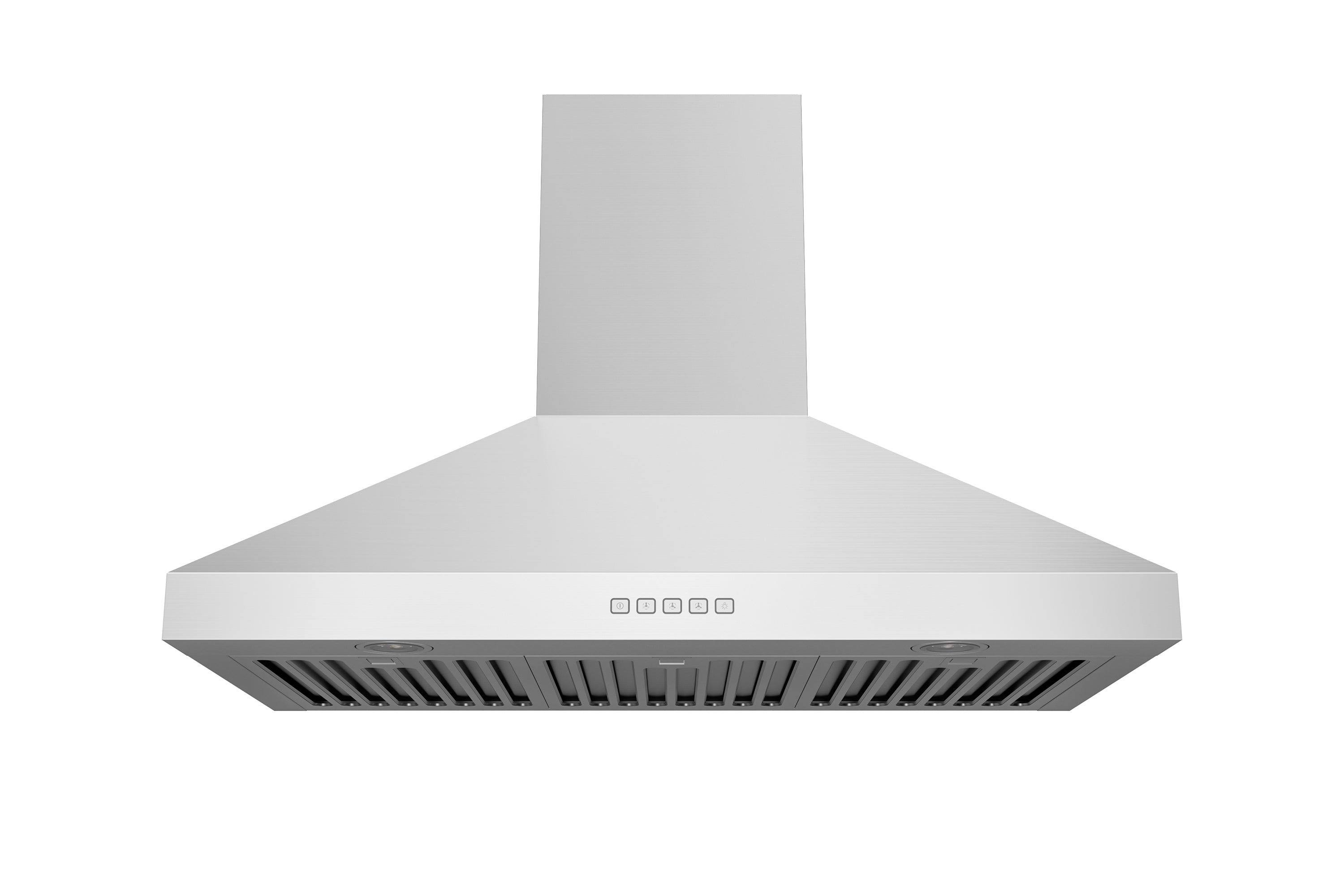 Stainless steel convertible wall mount range hood, front view with vented filter grille.