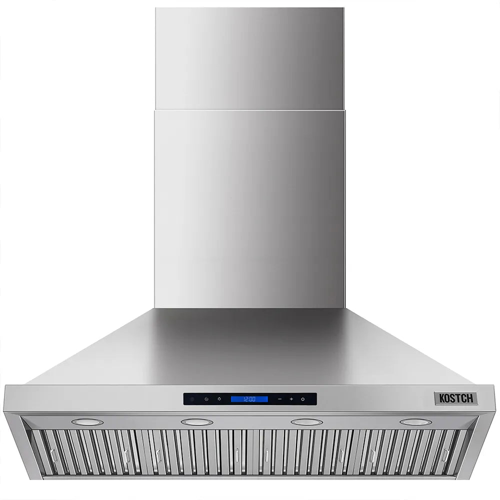 Stainless steel range hood with vent grilles and four control knobs, KOSTCH