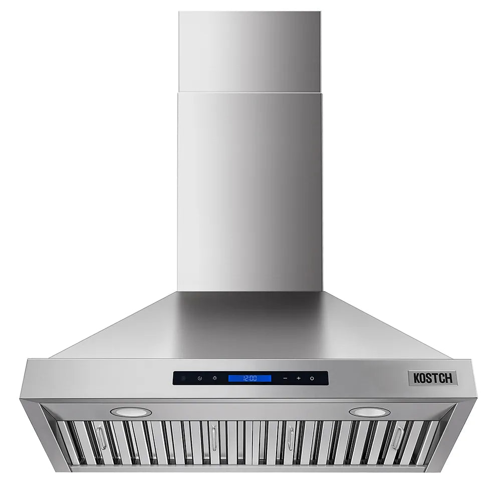 Stainless steel wall-mounted range hood with chimney, baffle grille, and blue display