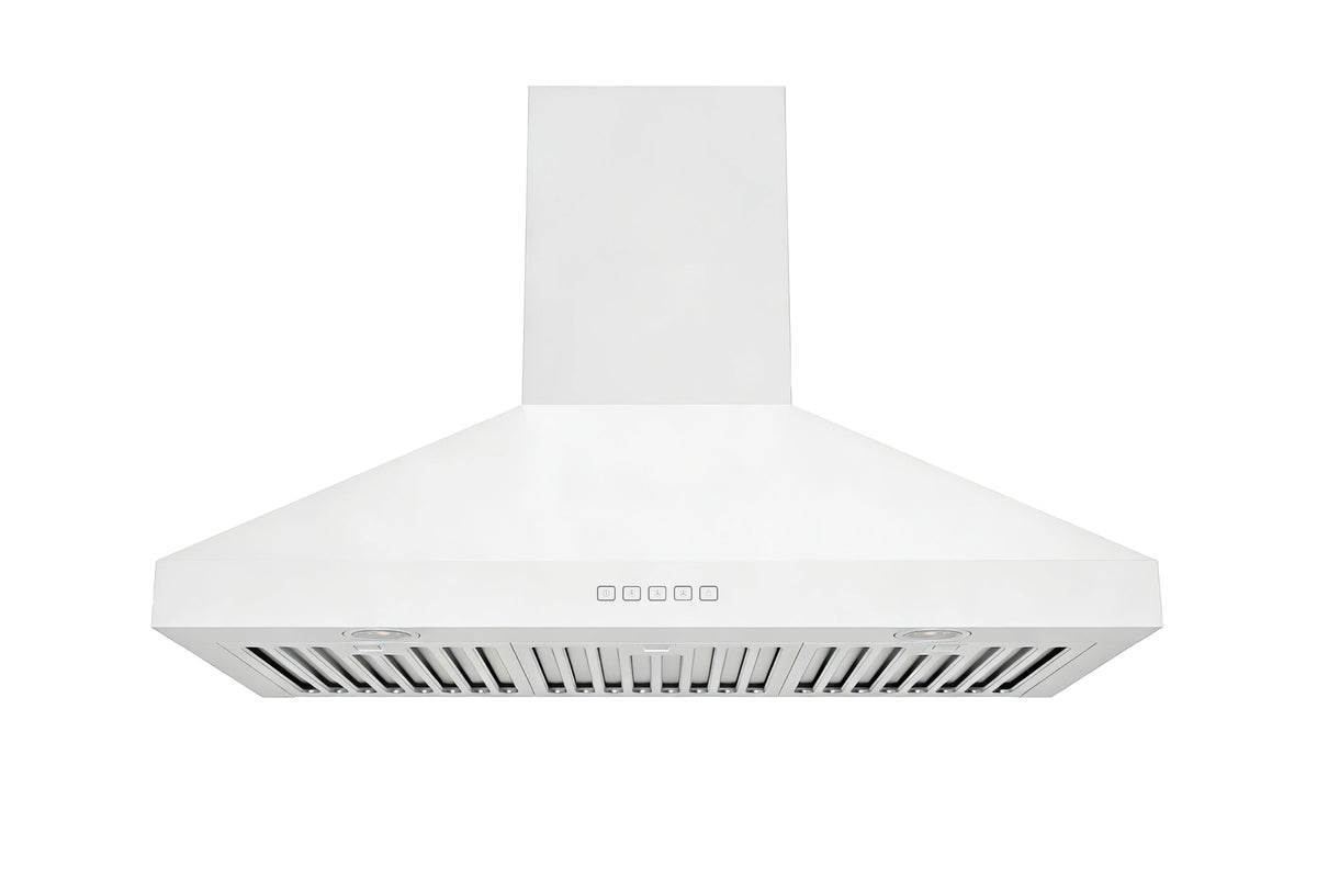 White convertible wall mount range hood, top-front view with ventilation slots