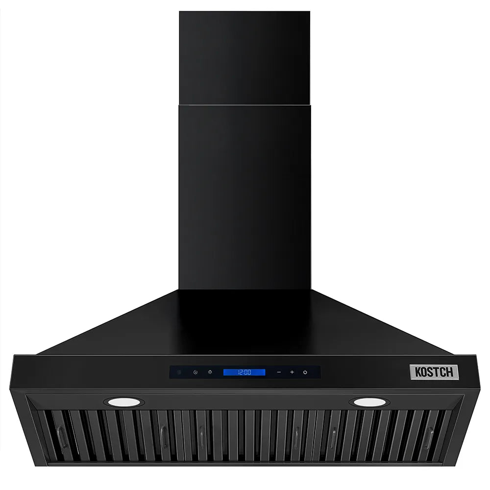 Black convertible wall range hood with digital display, buttons, and KOSTCH badge