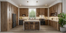 Modern kitchen interior with wood cabinets and island; dishwasher not visible