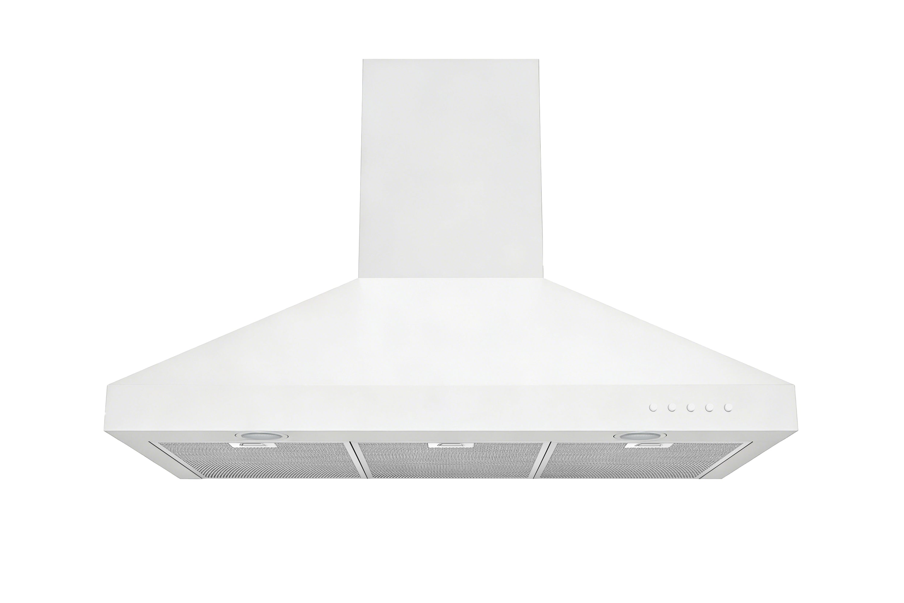 Matte white wall mount range hood with front vent and row of control icons