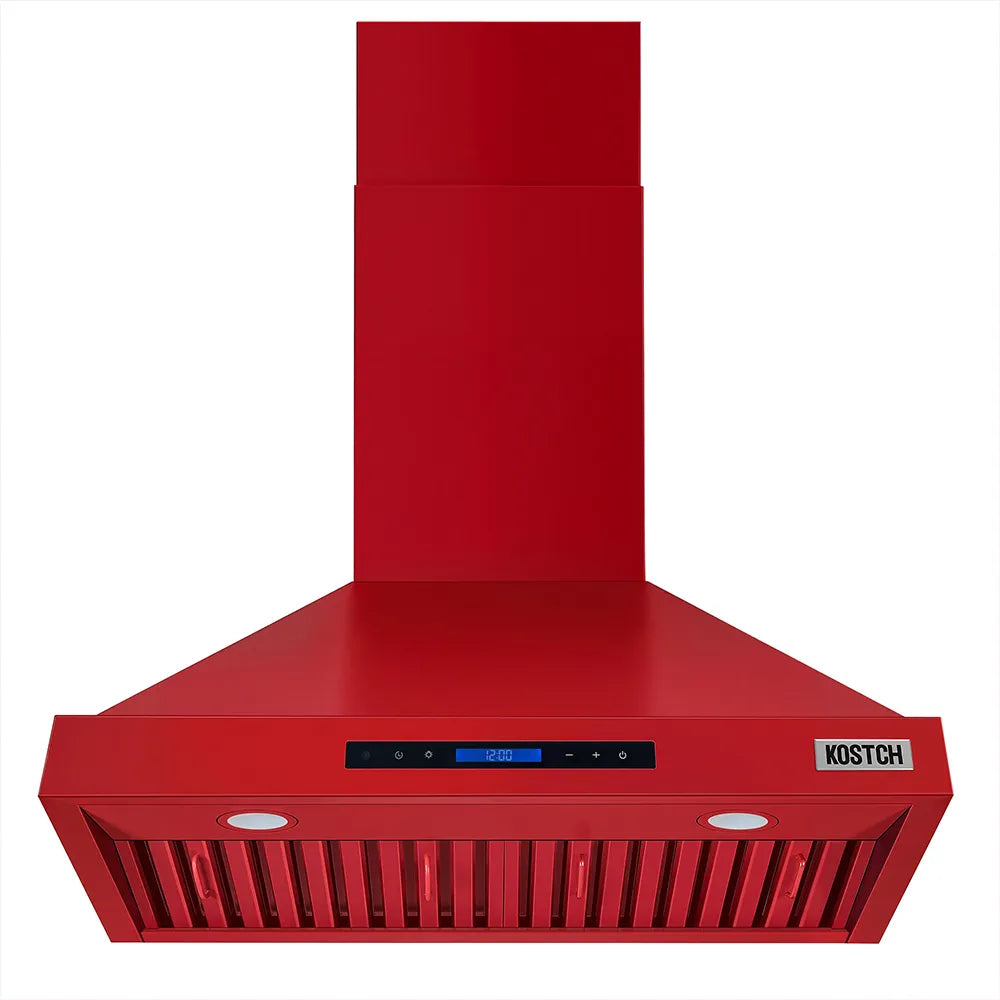 Red range hood with vented filter panel, circular light openings, and control strip