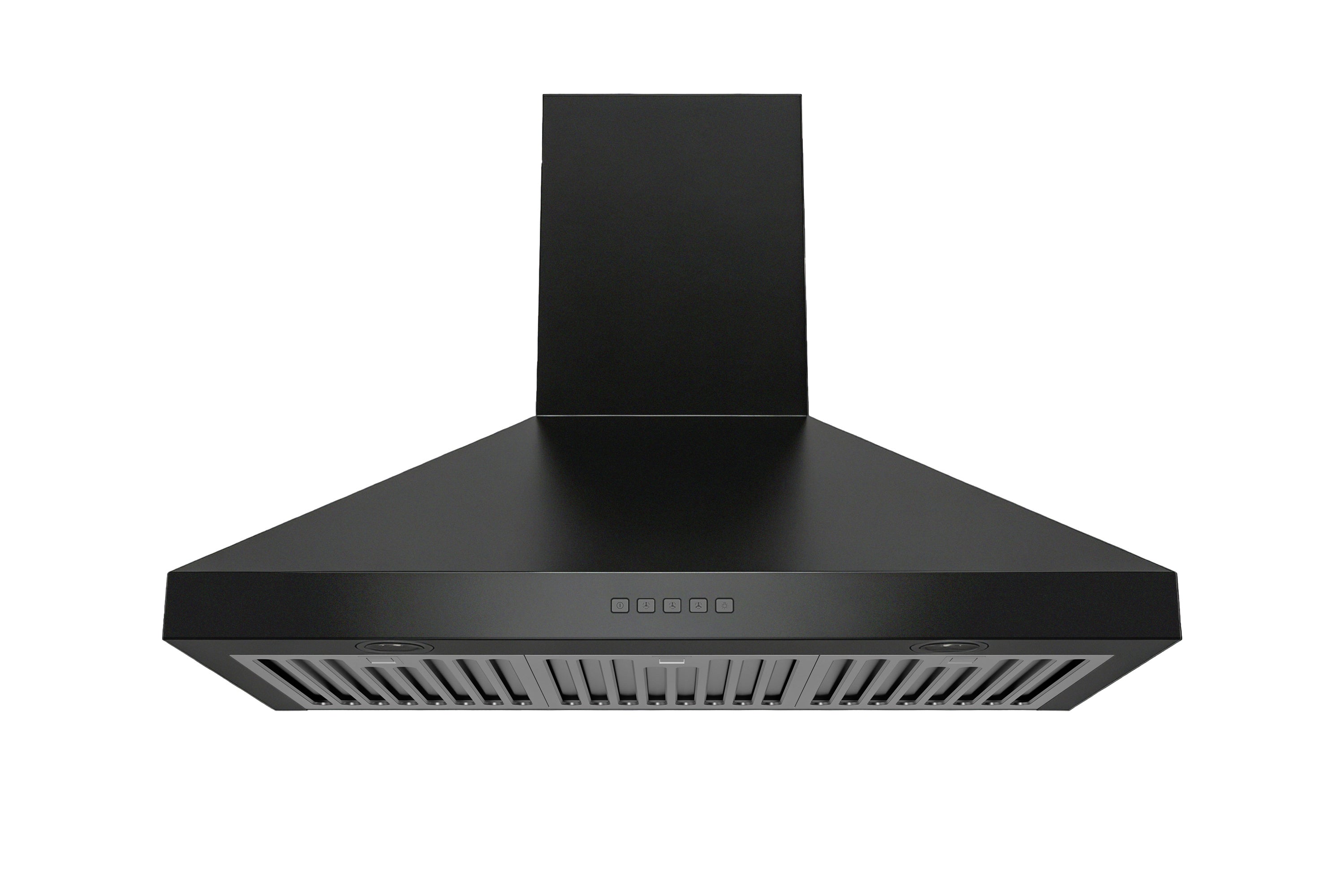 Matte black convertible wall mount range hood, front view with control buttons on the chimney.