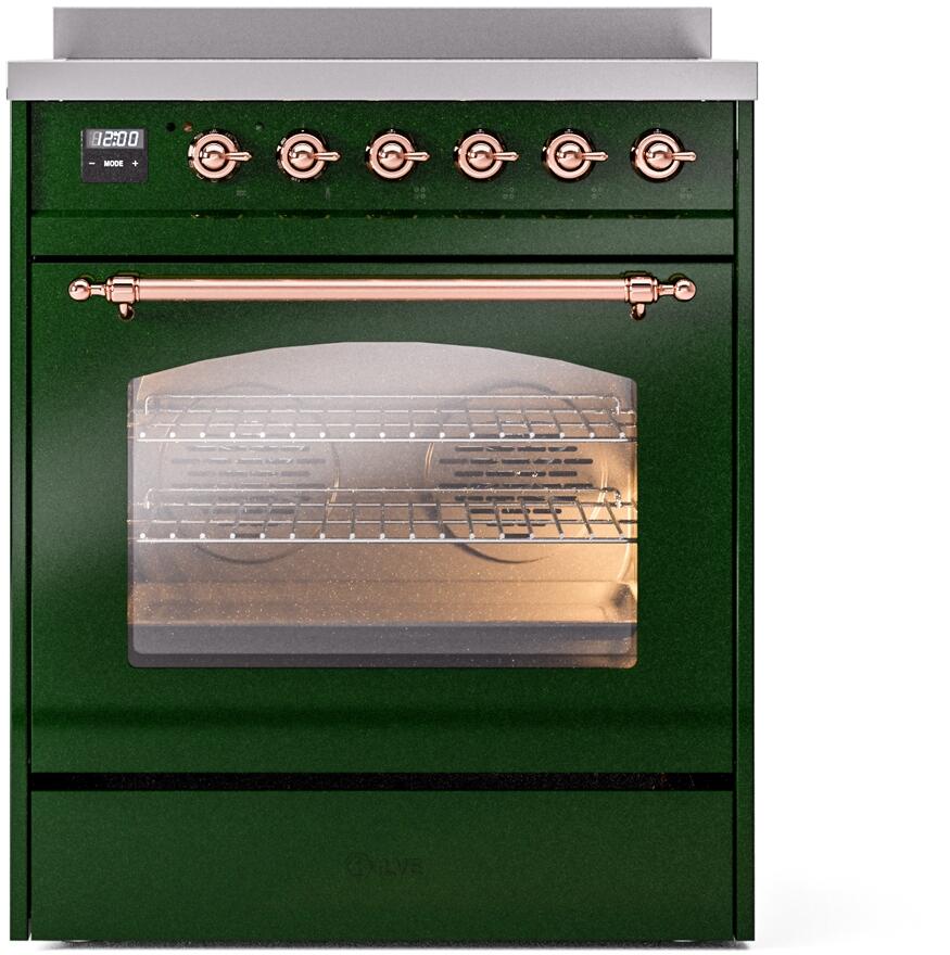 Emerald green freestanding induction range with copper-trimmed control knobs and oven door