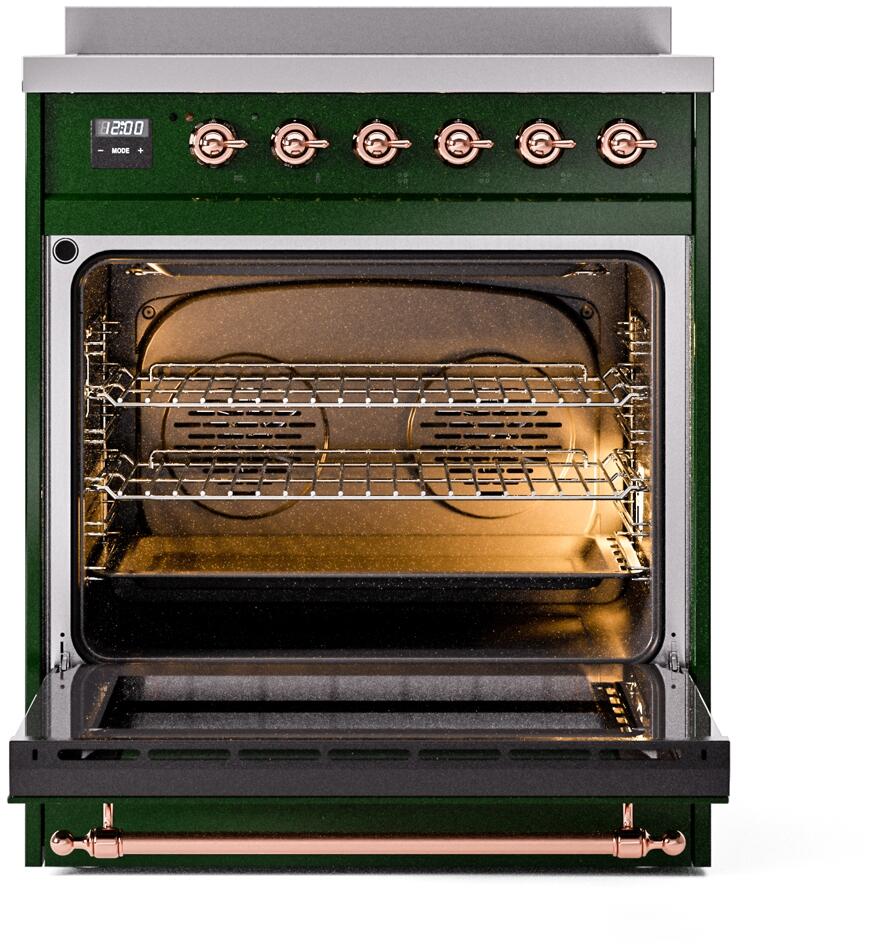 Freestanding induction oven door open, showing wire racks and heated interior