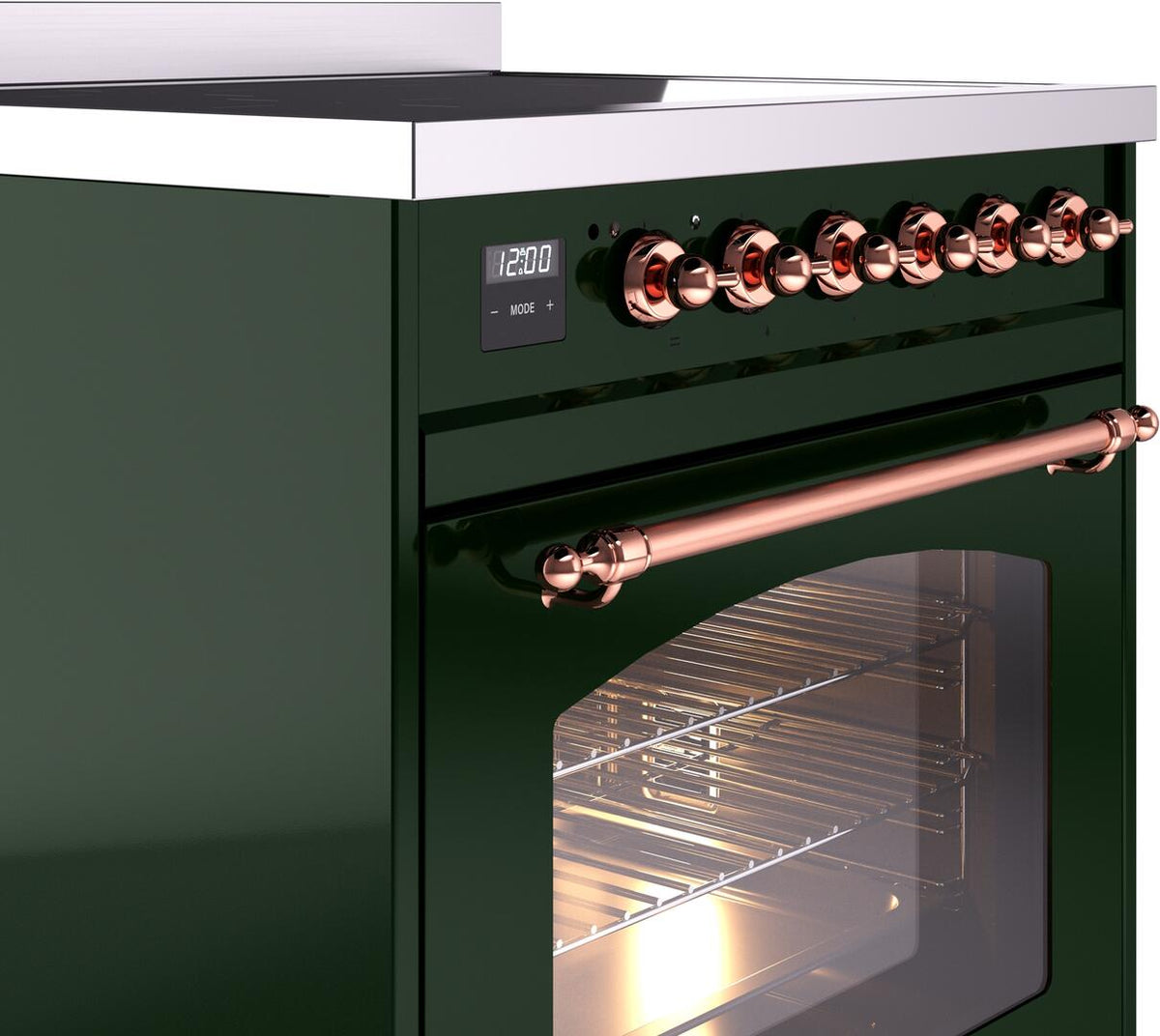 Emerald green induction range with copper handle bar and oven window view