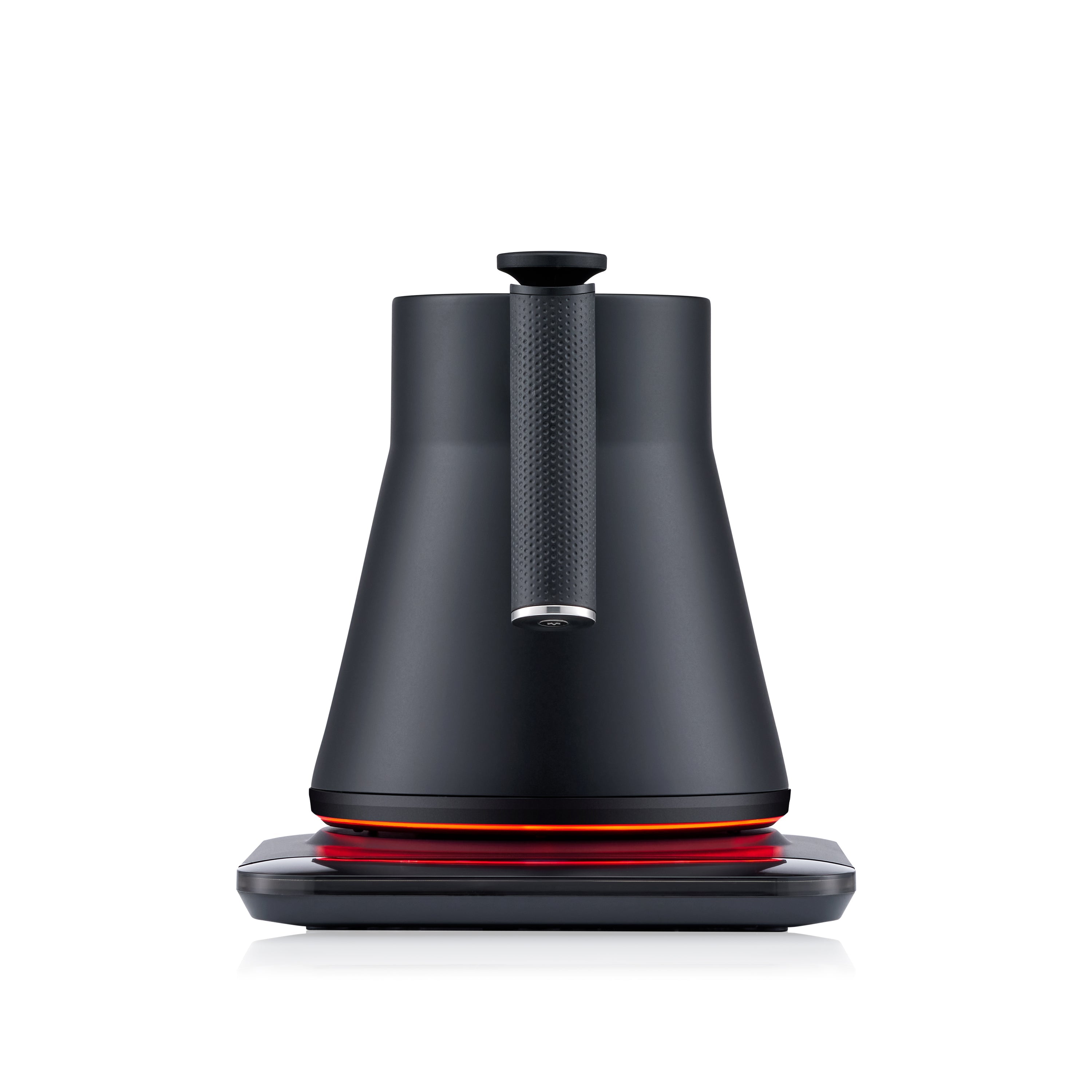 Matte black electric gooseneck kettle with textured handle and heating base ring