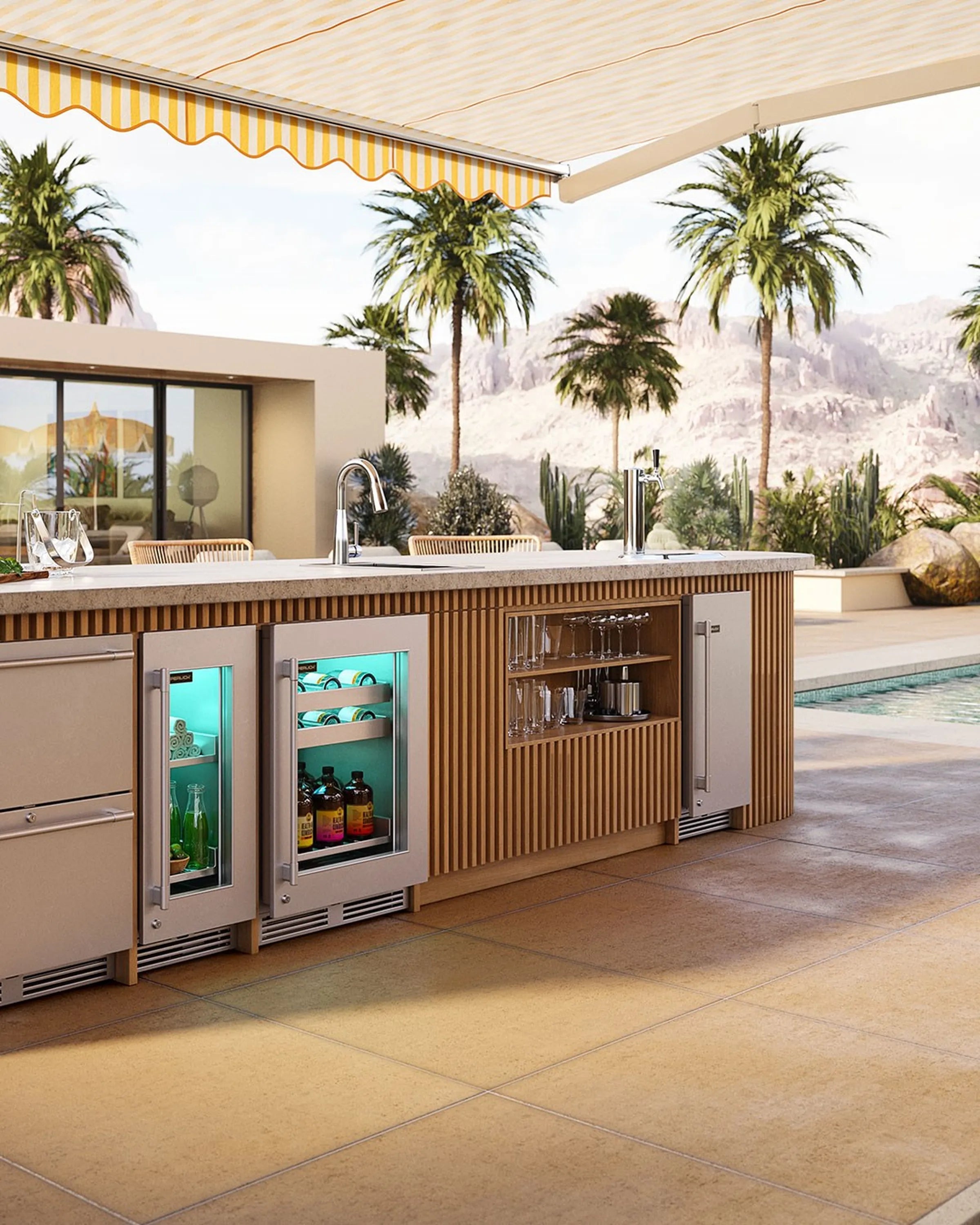 Undercounter refrigerator with two glass-door compartments built into a bar counter