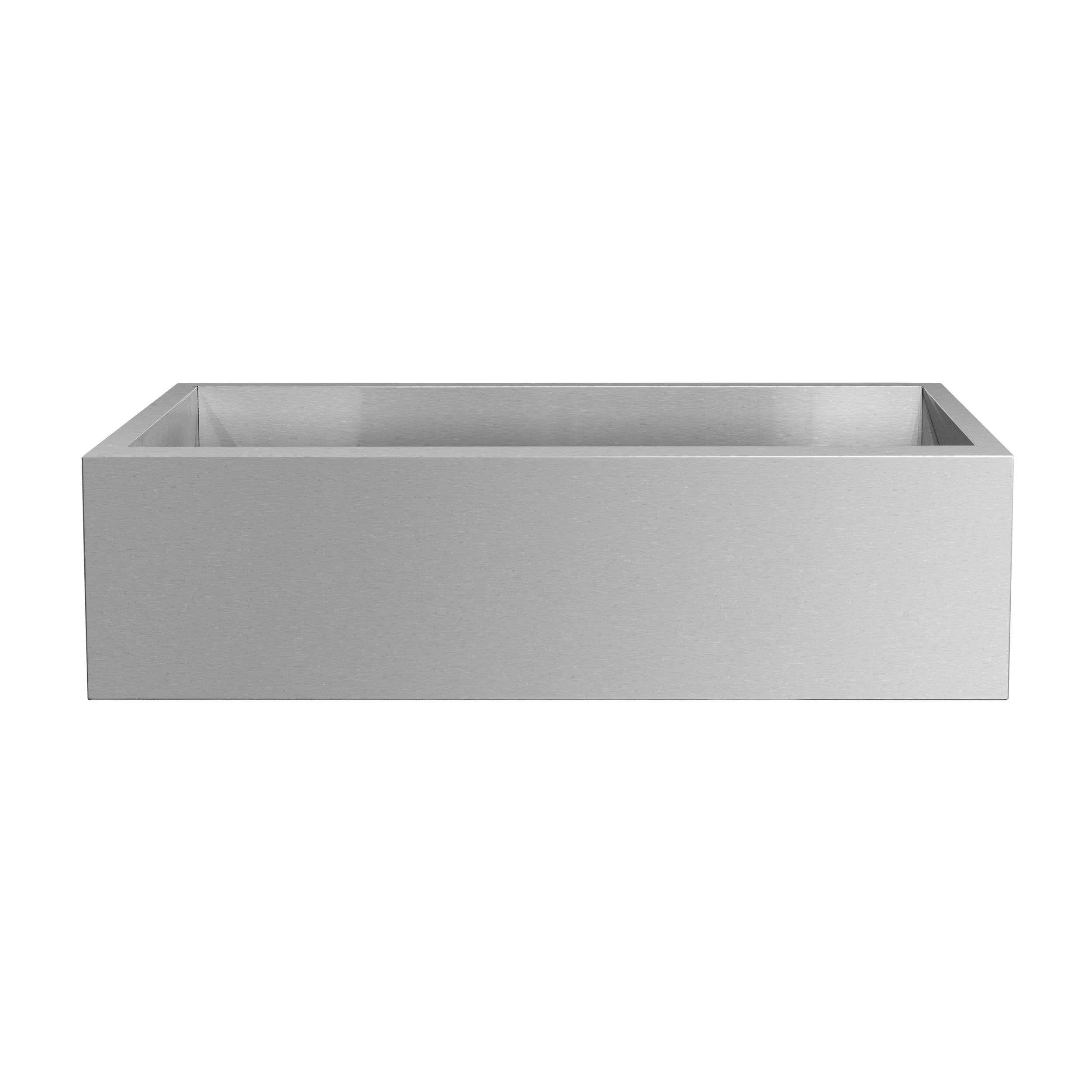 Rectangular farmhouse sink basin in brushed stainless steel, front view