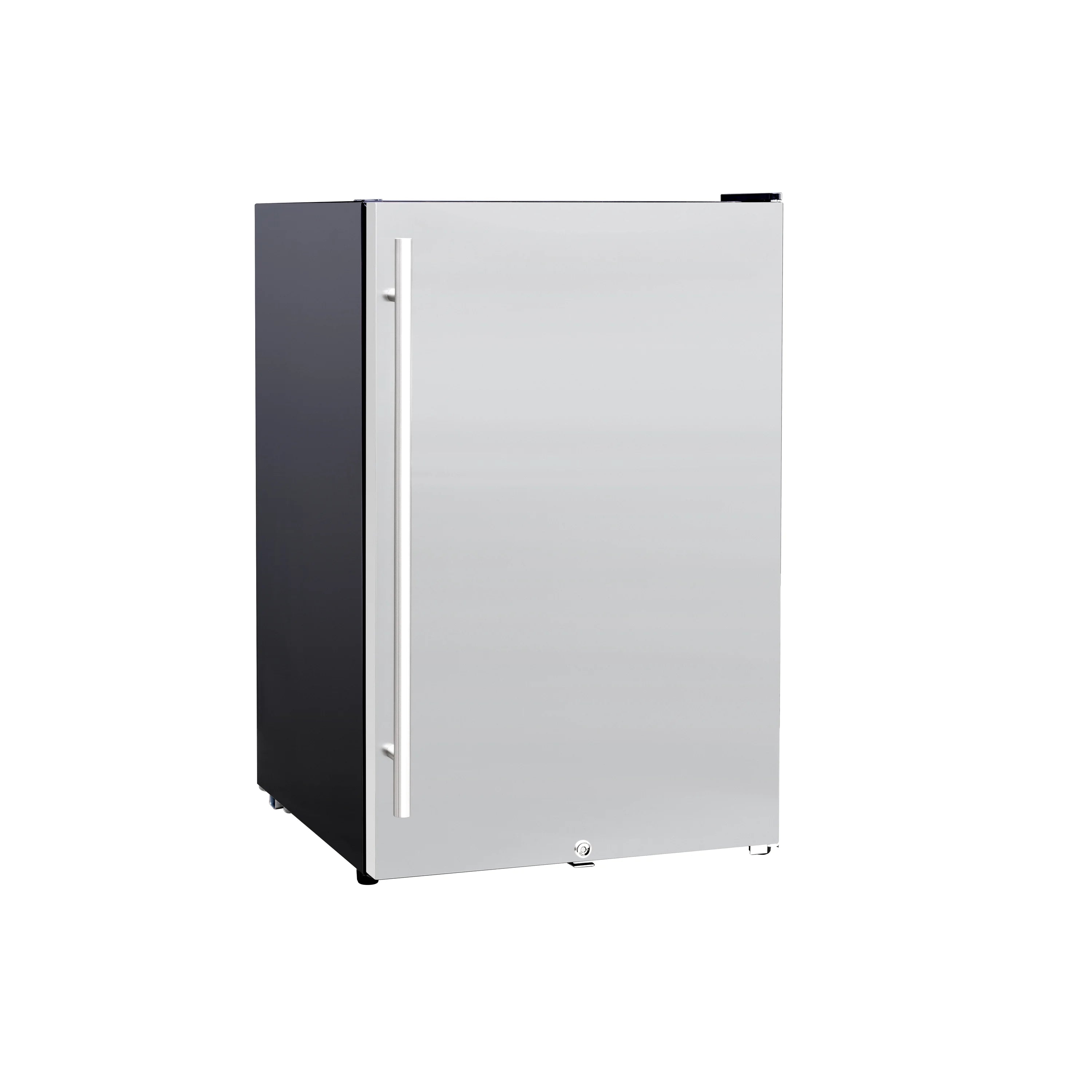TrueFlame outdoor refrigerator with front door ajar, showing right-hinge side