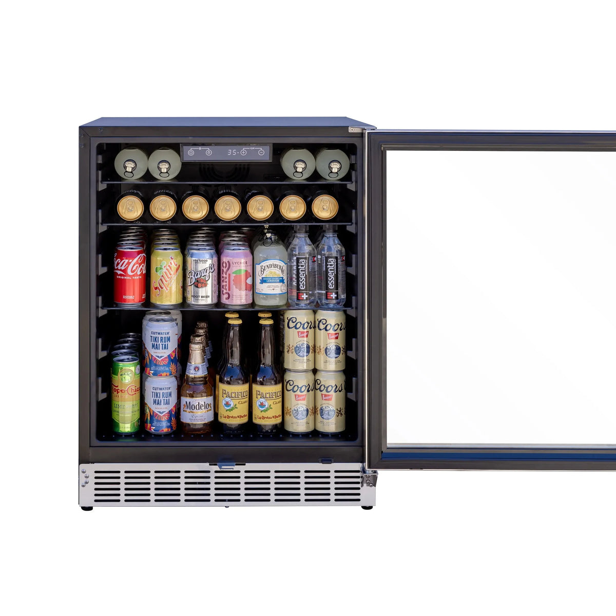 Outdoor fridge open to reveal stocked drinks, bright interior lights, and glass door