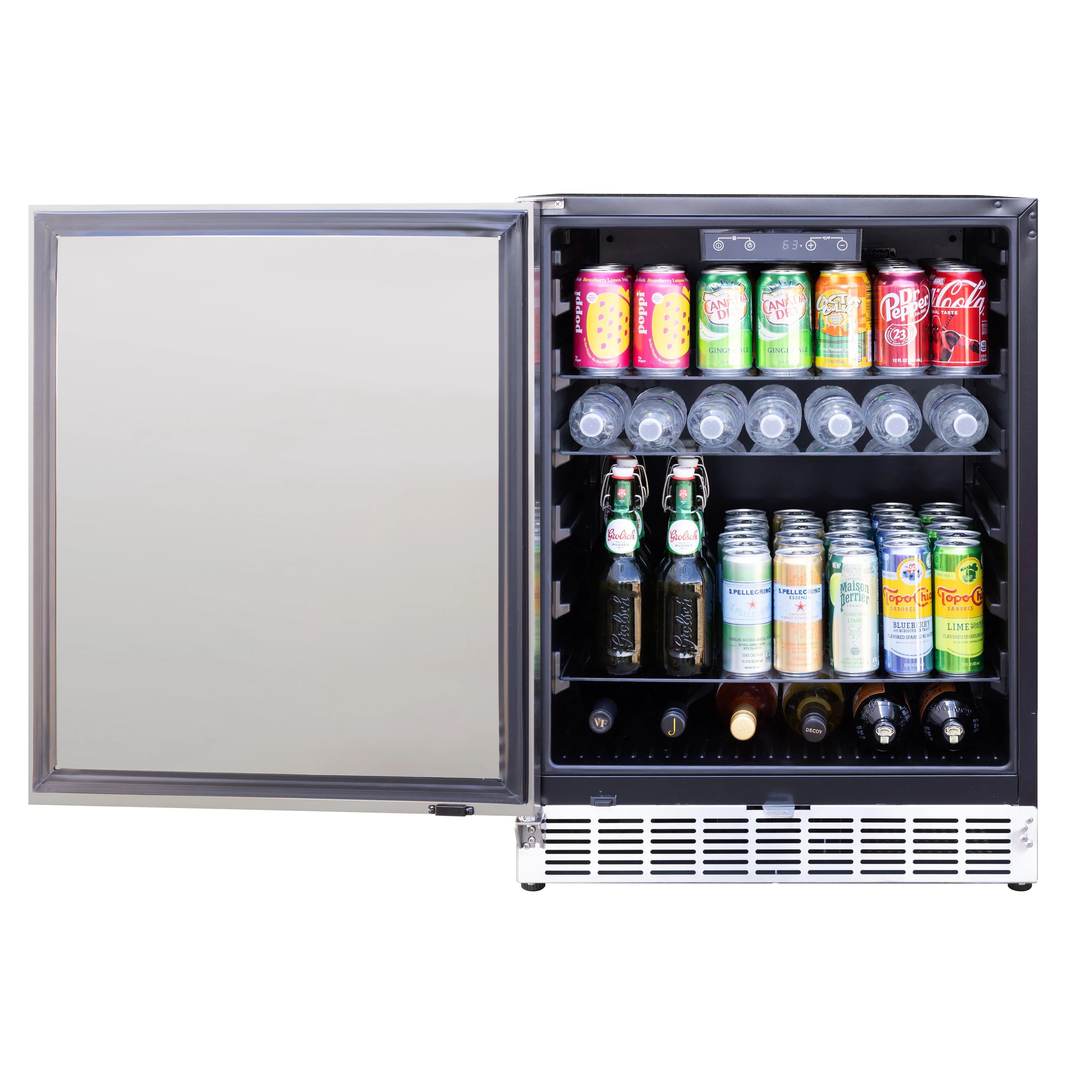 Outdoor refrigerator open with bottles and cans on glass shelves