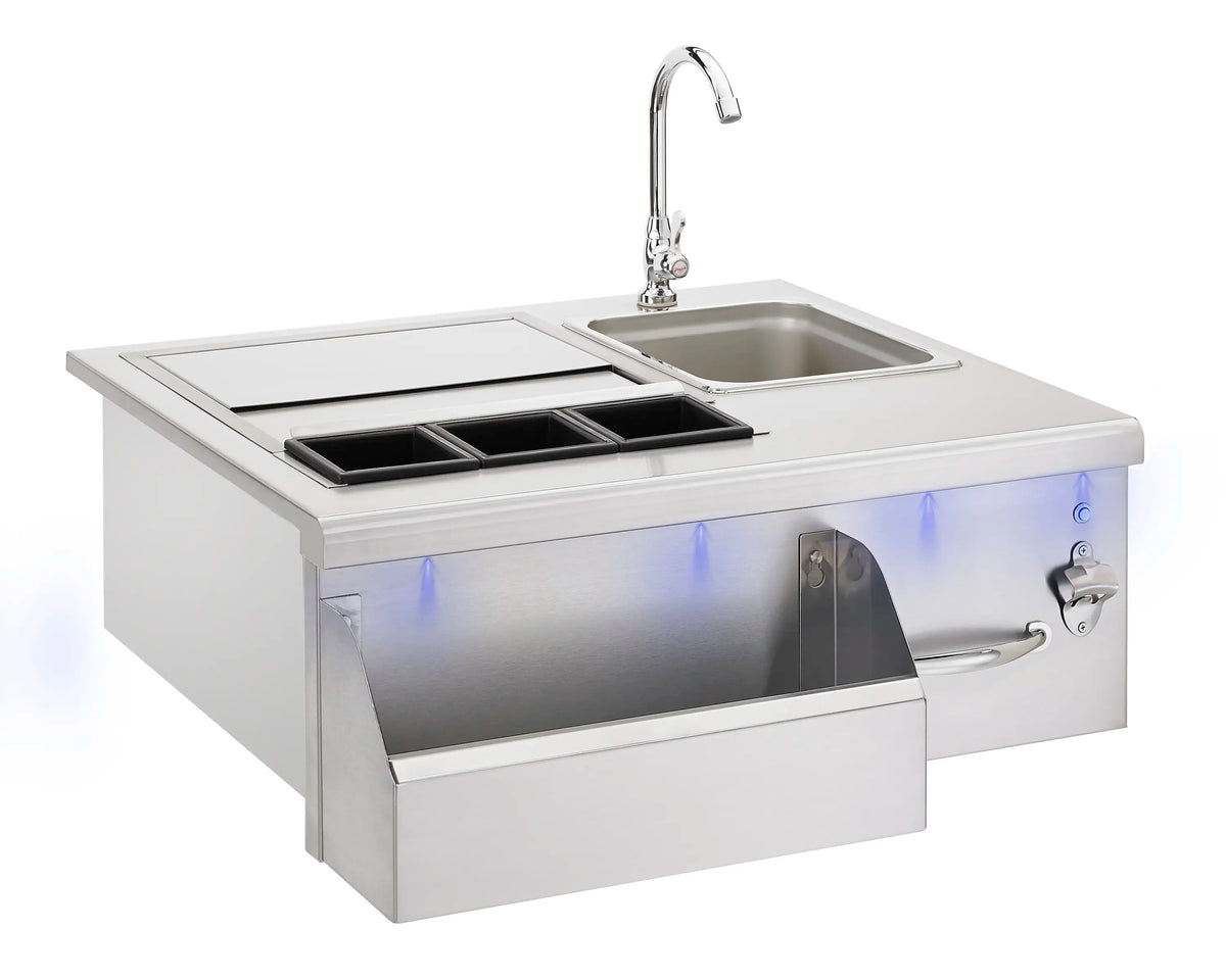 Stainless steel beverage prep station with sink, faucet, and illuminated burners