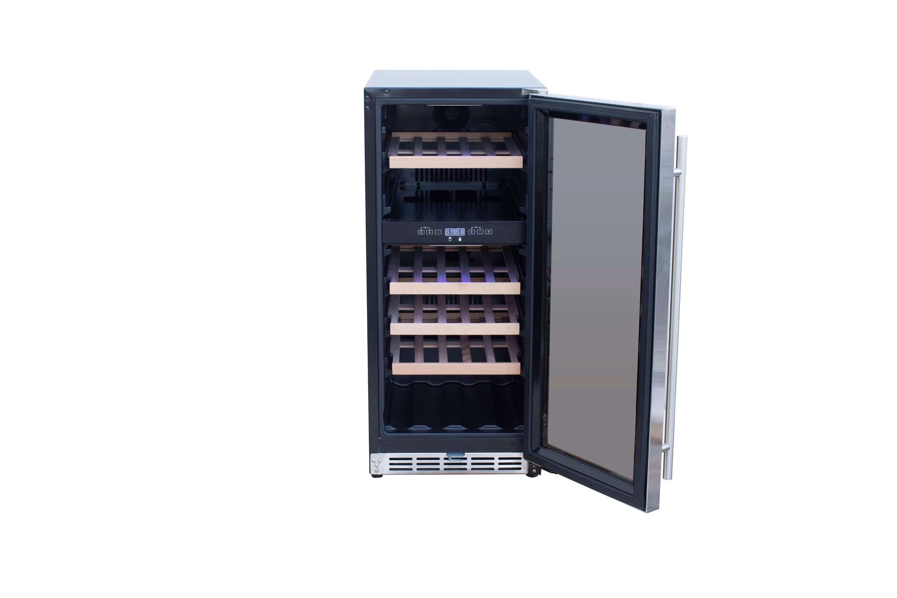 Stainless steel dual-zone wine cooler with open door, interior racks visible