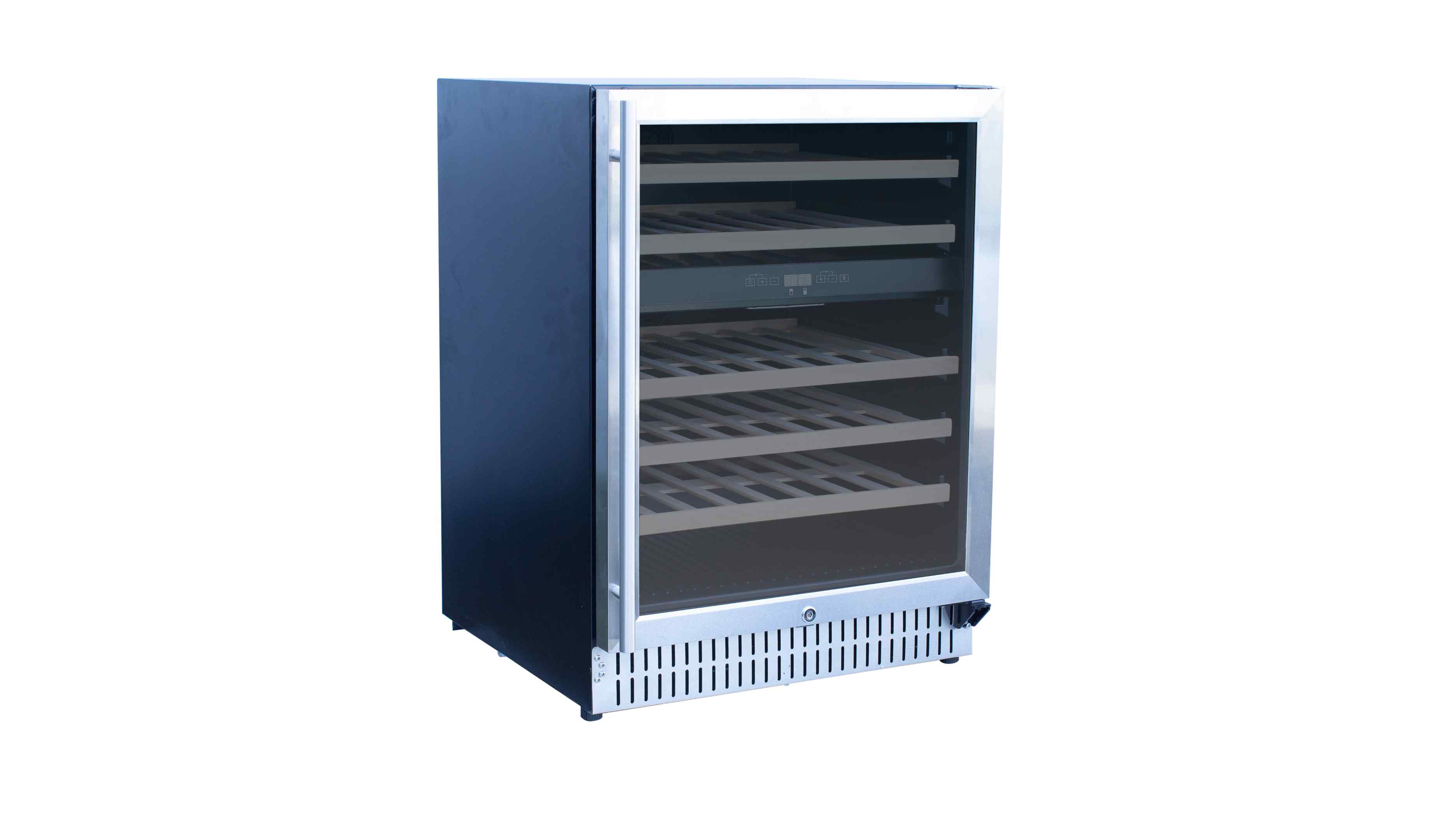 Stainless steel wine cooler with door closed and front ventilation grille