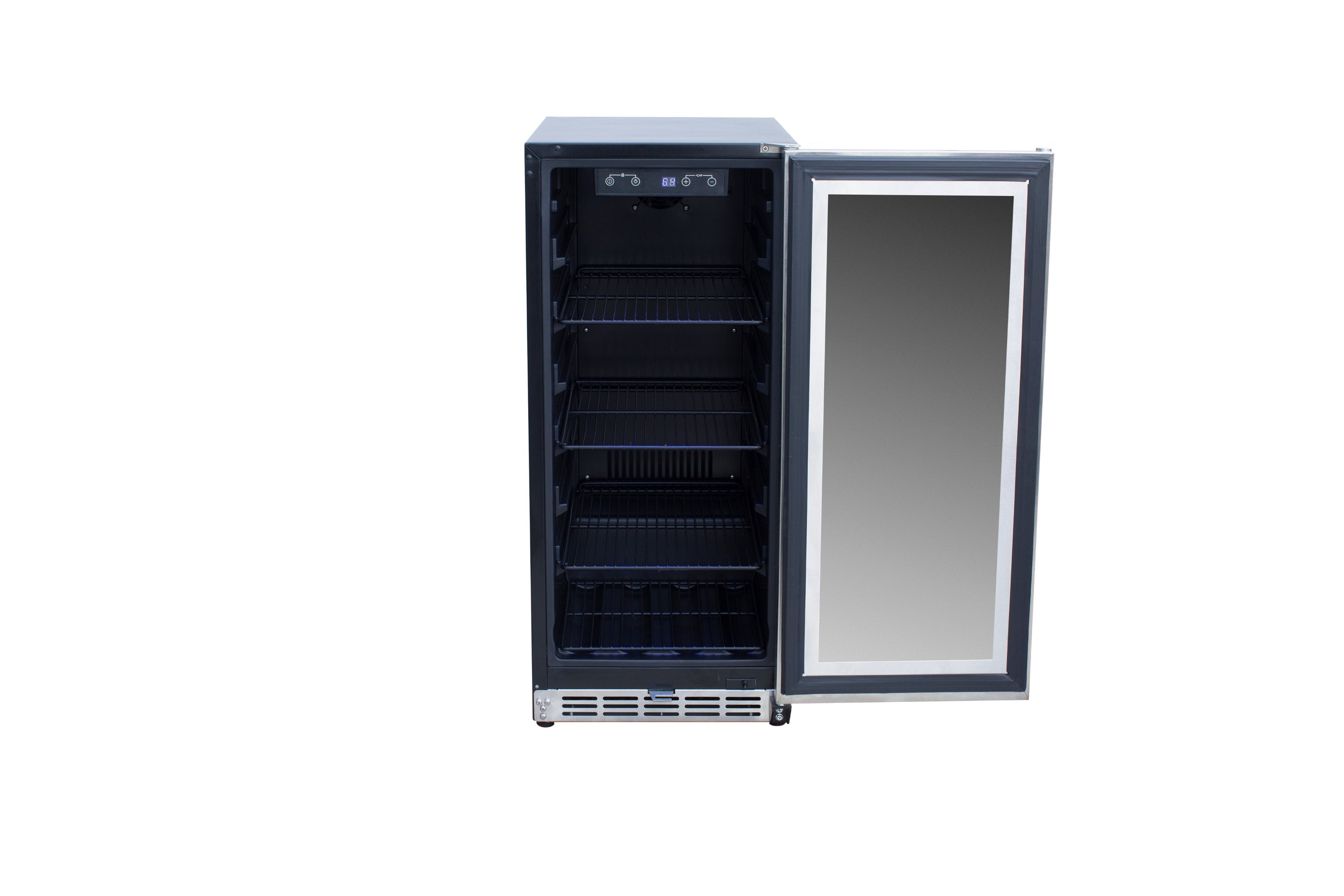 Outdoor refrigerator with glass door open showing empty wire shelves