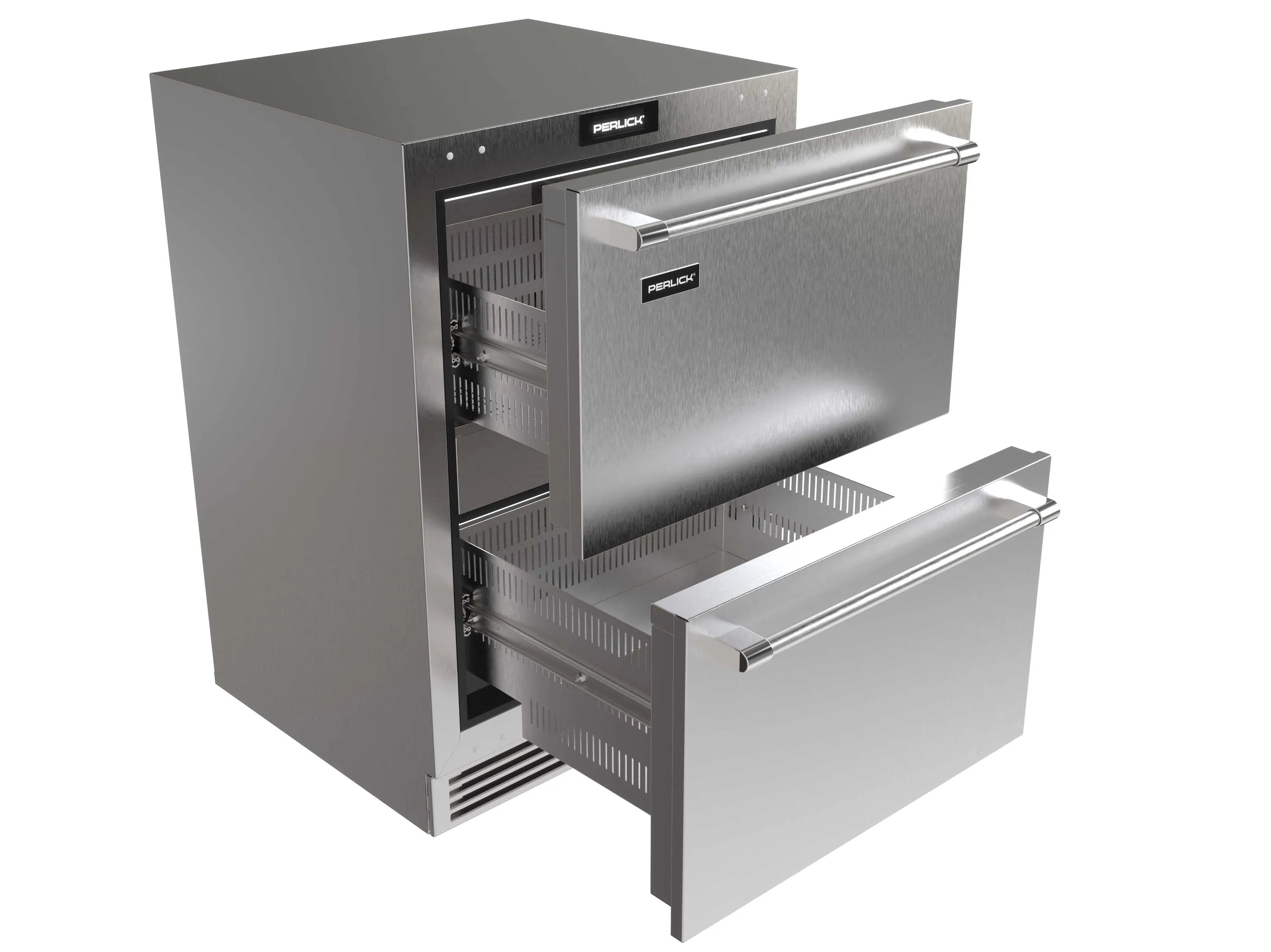 Panel-ready stainless undercounter refrigerator drawer with two open drawers and shelves