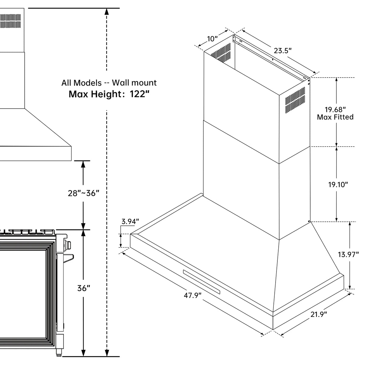 Wall-mounted range hood installation dimension diagram with mounting measurements