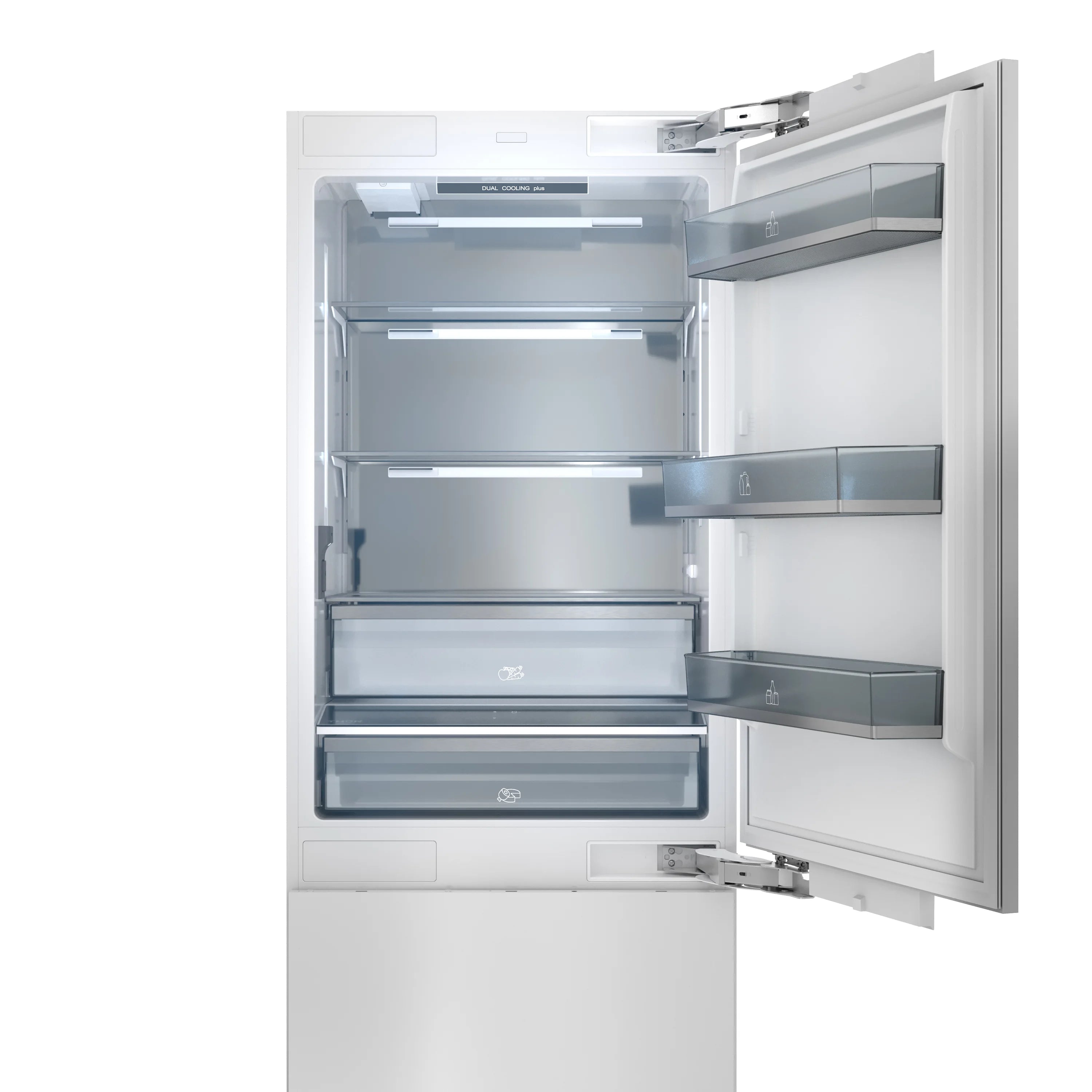 Panel-ready refrigerator open, bottom freezer drawer and fresh-food shelves visible
