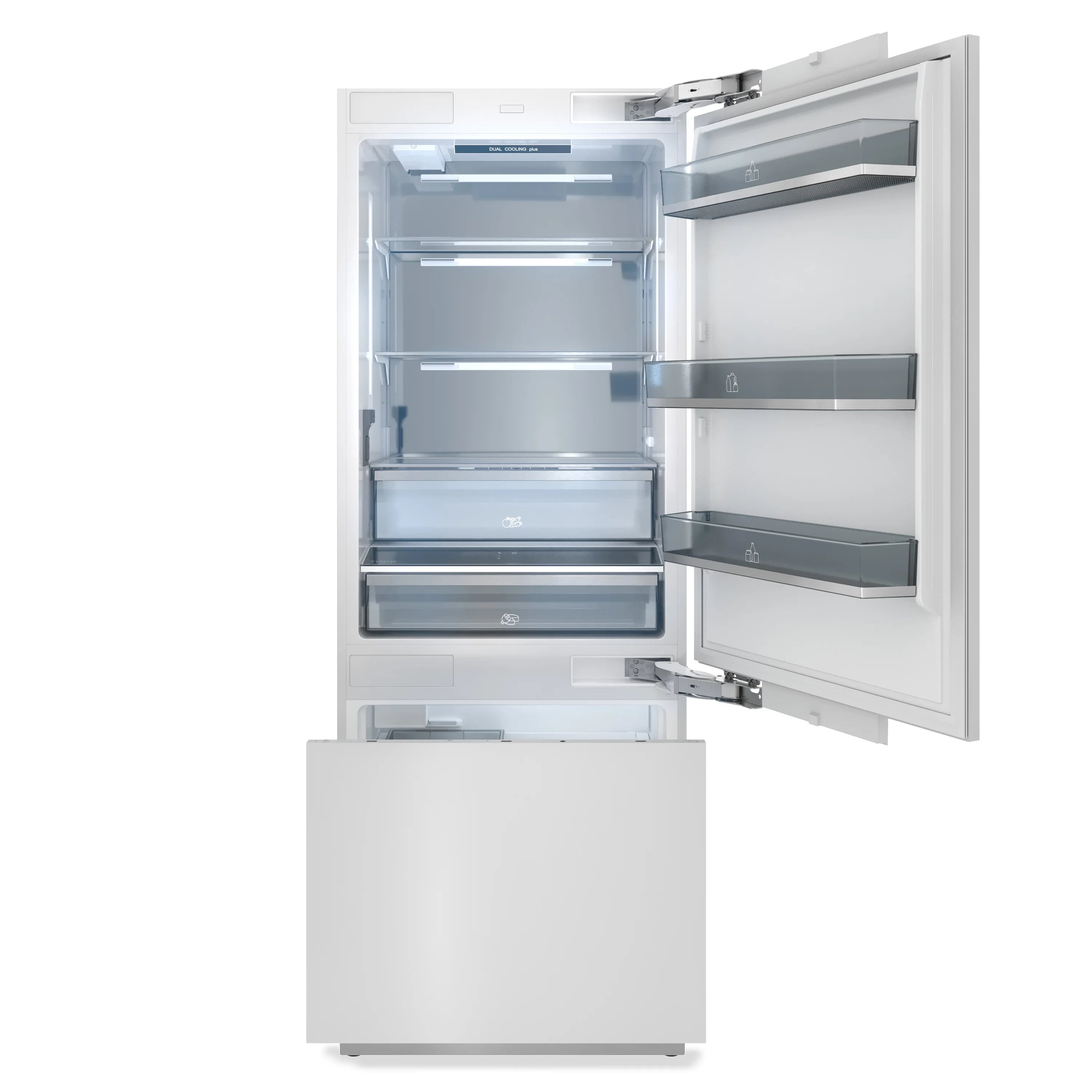 Panel-ready refrigerator with open doors, interior shelves and drawers visible