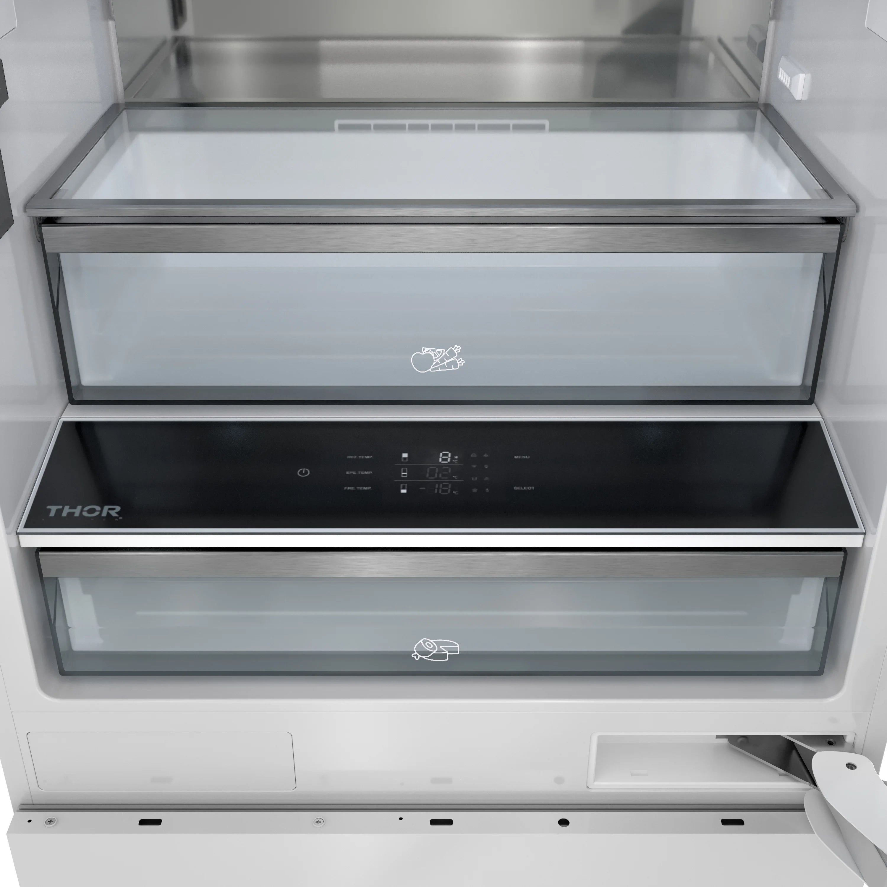 Thor Kitchen refrigerator with control panel above freezer drawer and dispenser area
