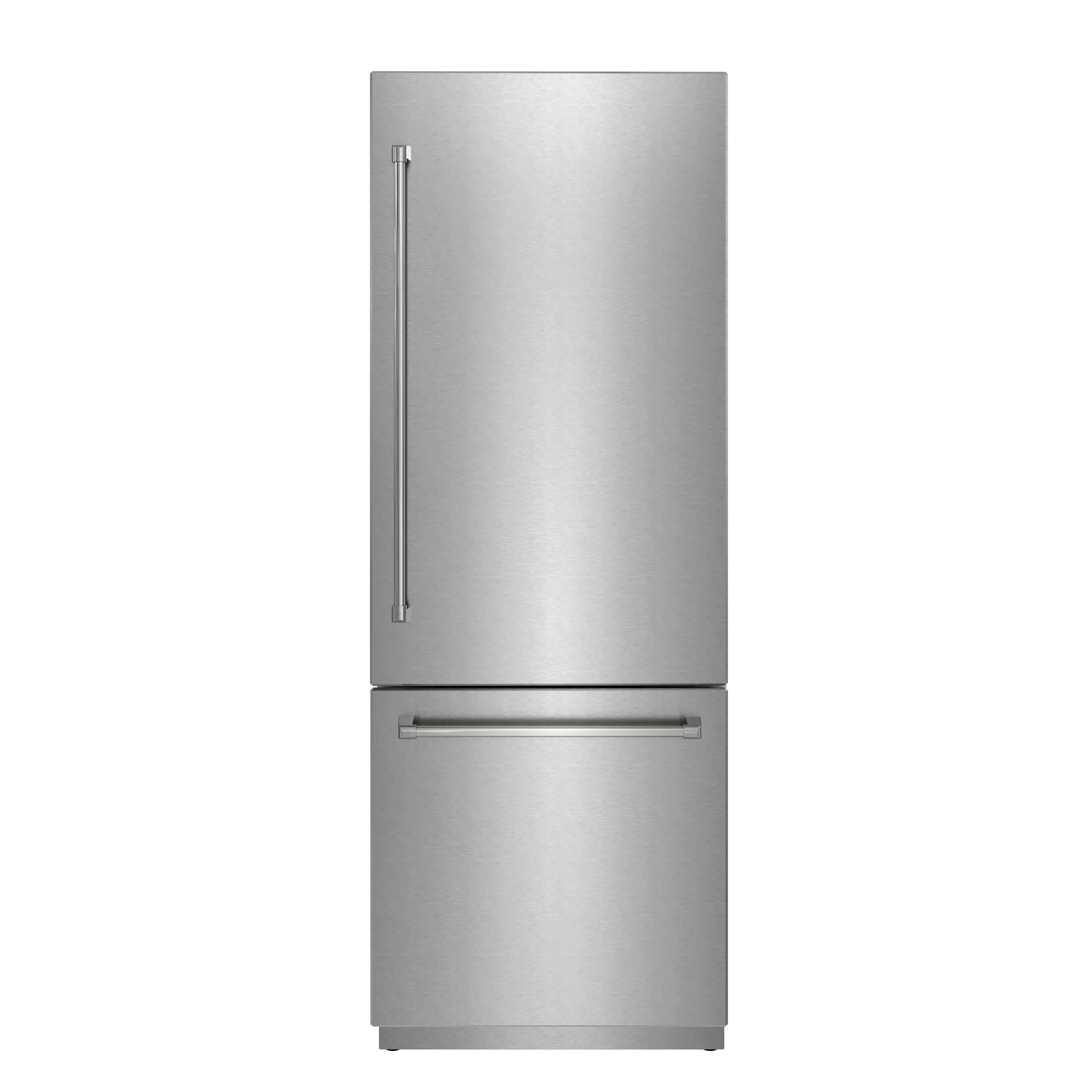 Stainless steel built-in refrigerator with bottom freezer and dispenser handle