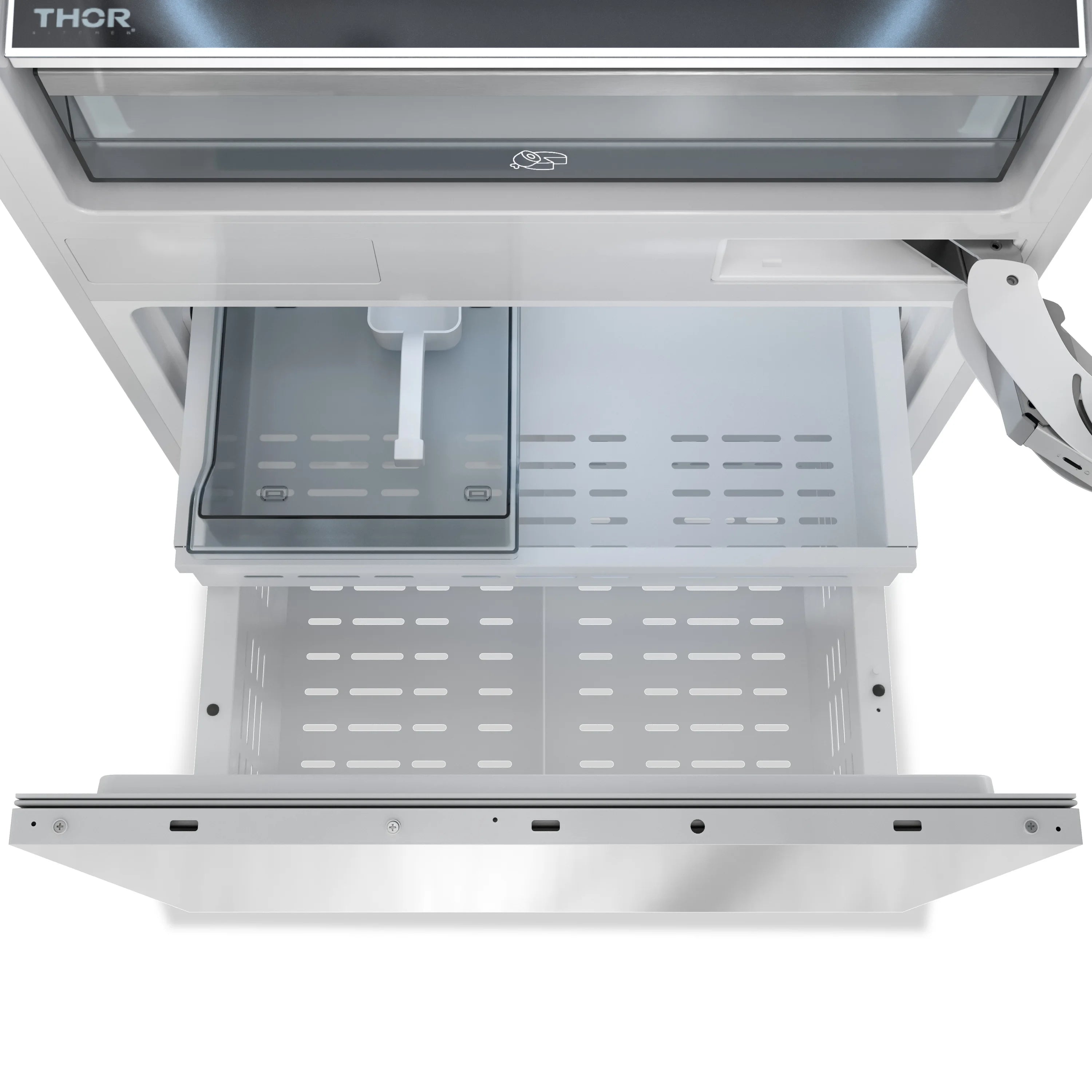 Refrigerator ice and water dispenser area, white bin and pull-out tray