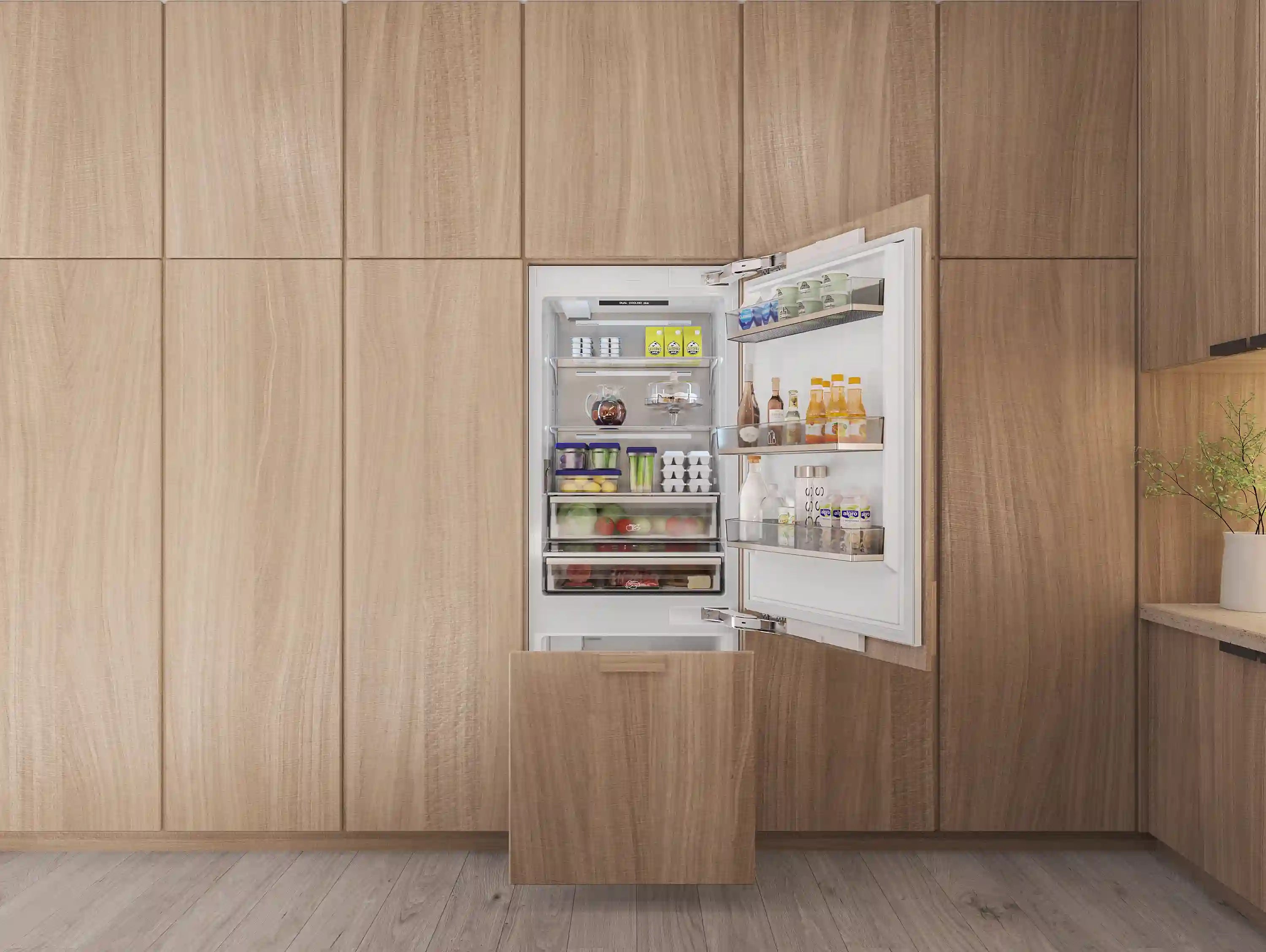Refrigerator door open with white shelves and bins, wood-paneled frame