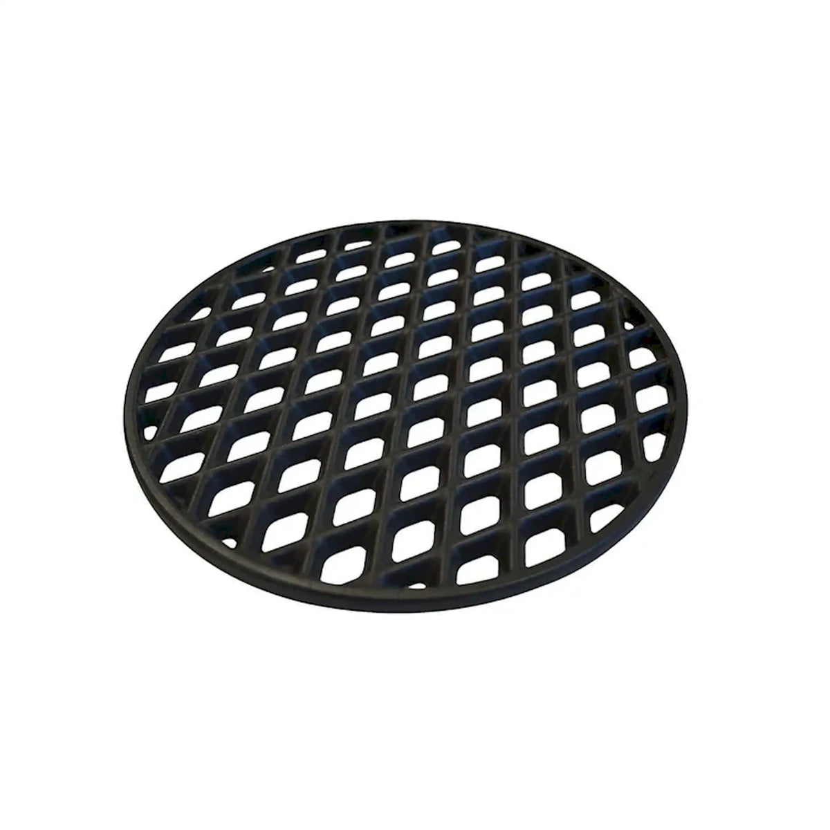 Black round cast iron grill grate with diamond grid pattern