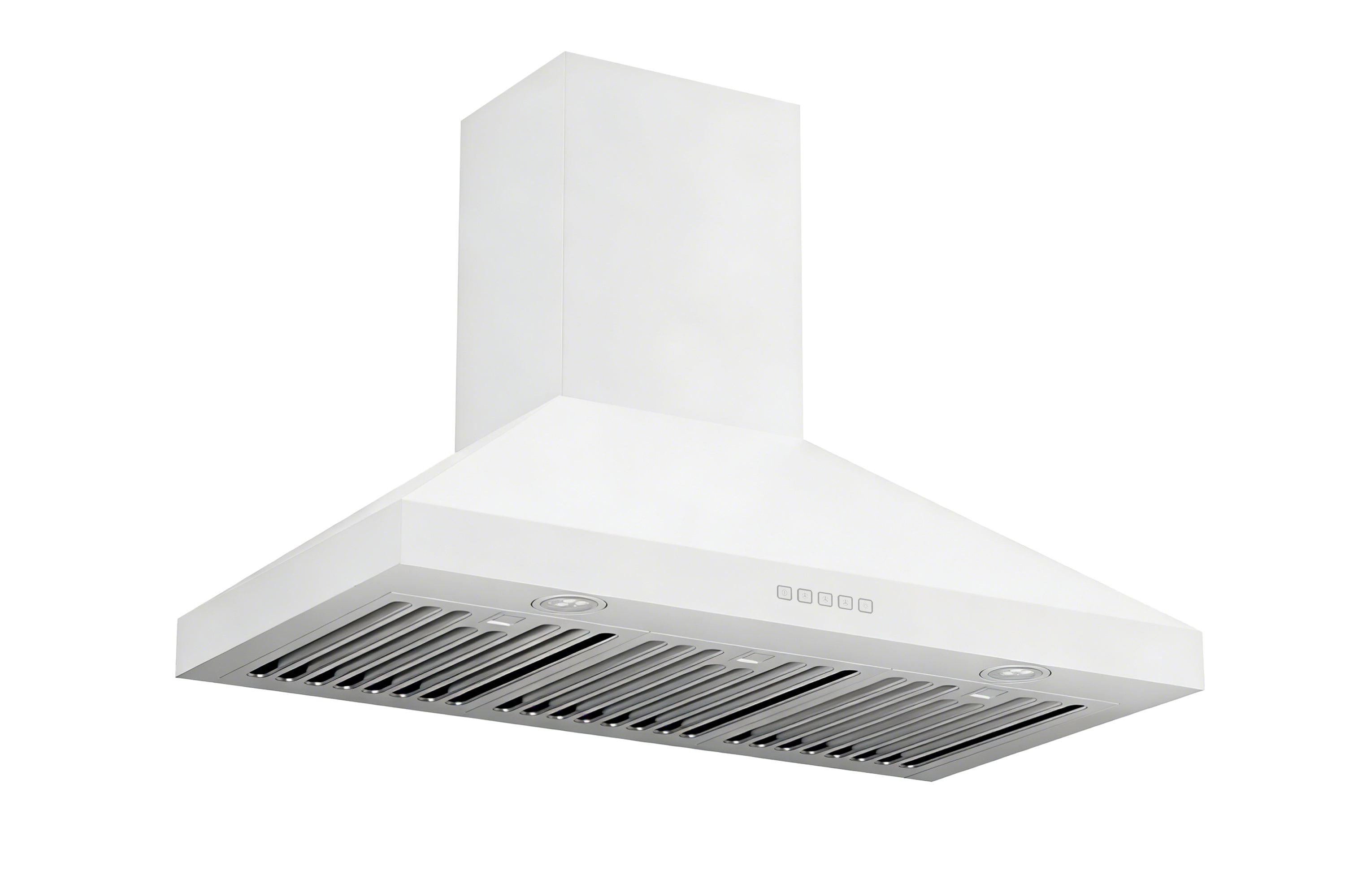 White convertible wall mount range hood, angled side view with vent panel