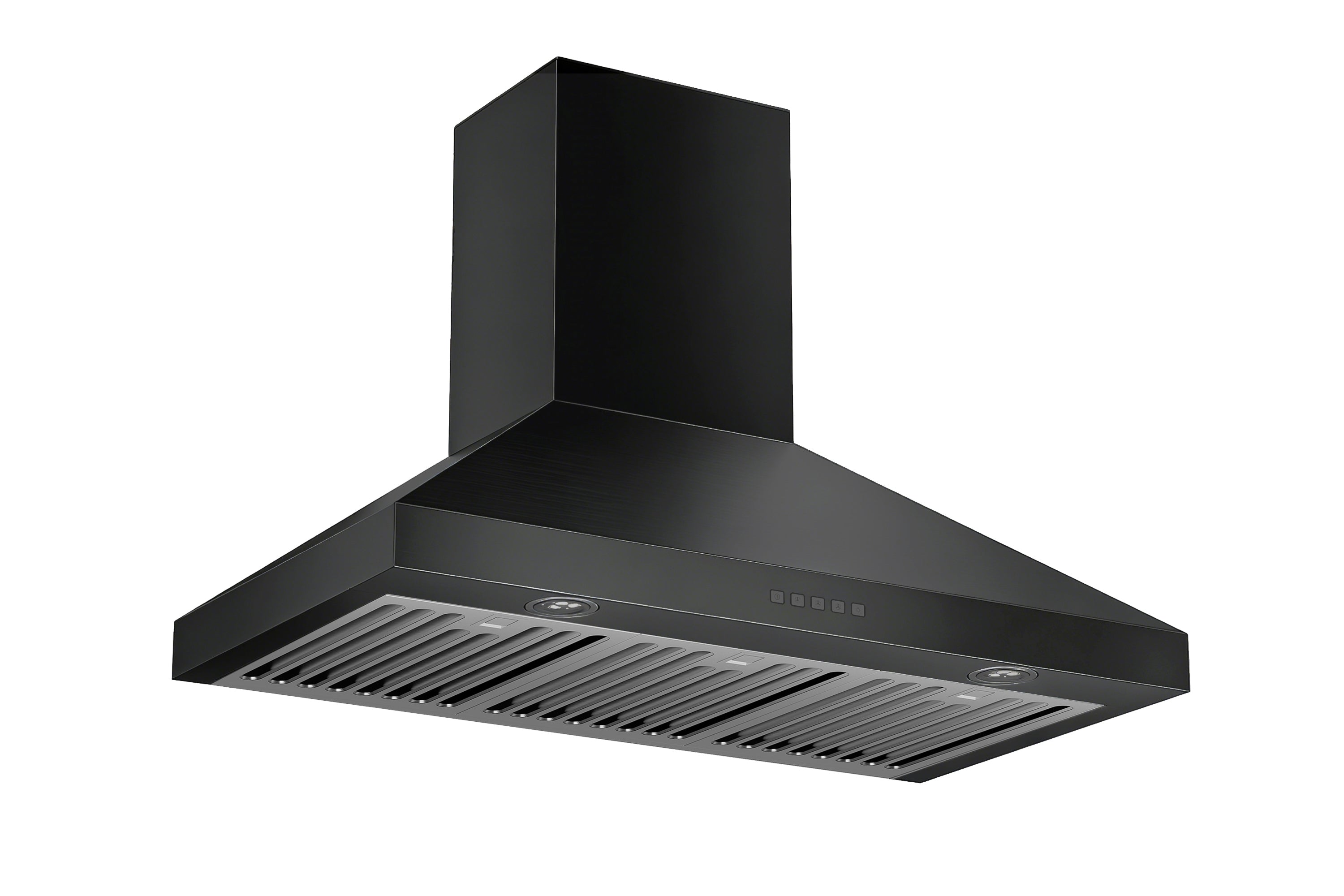 Matte black convertible wall mount range hood, angled view with vented lower grille.