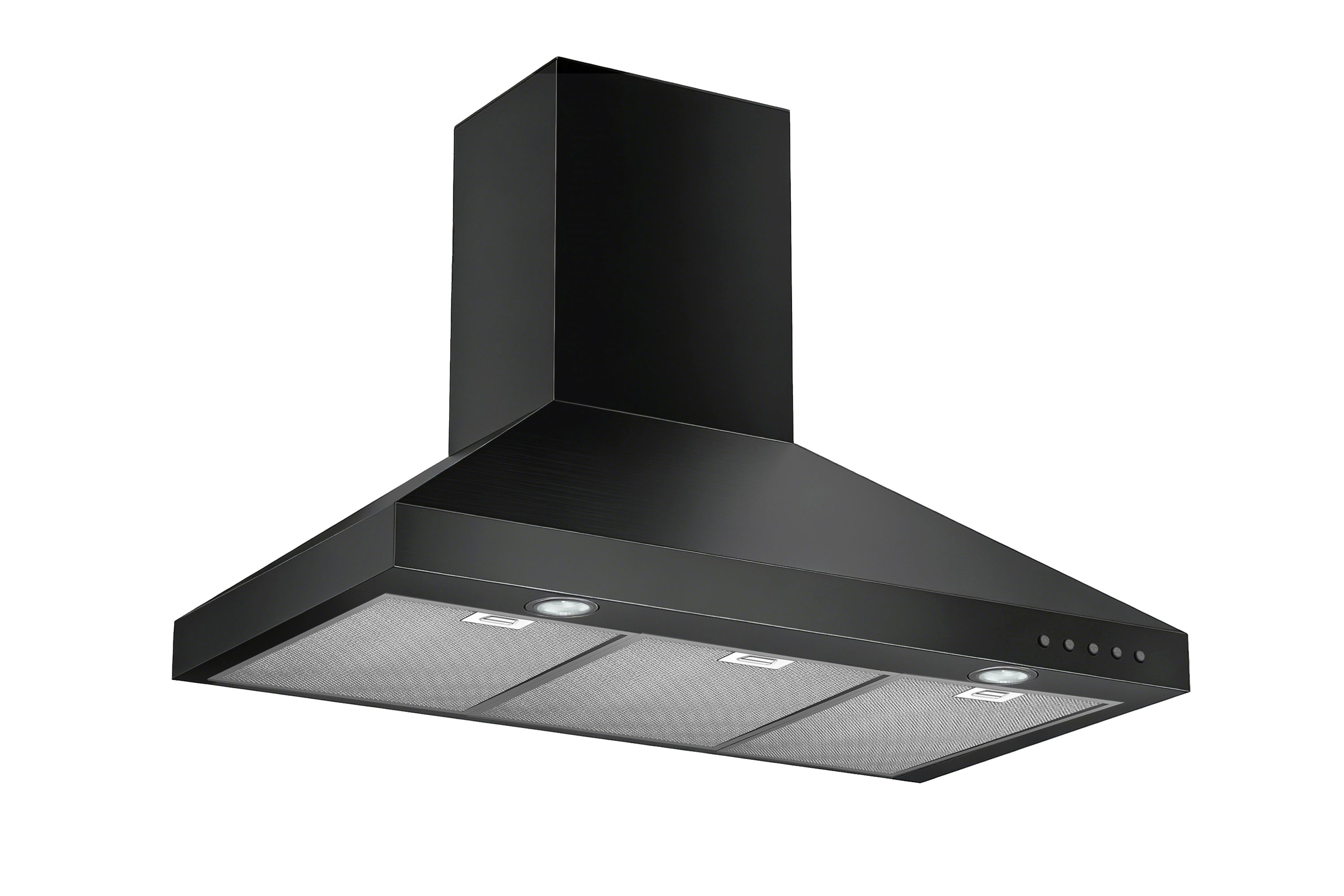 Matte black wall mount range hood front view with two metal mesh filters