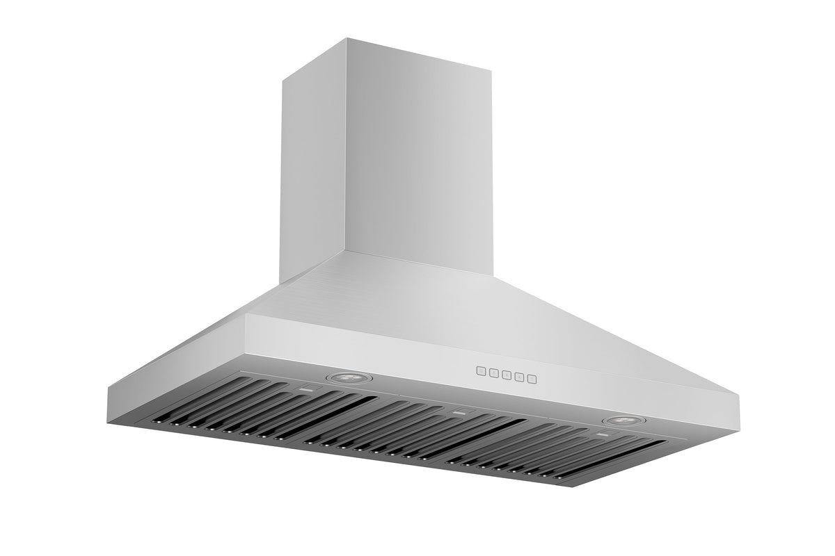 Matte white convertible wall mount range hood, angled view showing vented filter area.