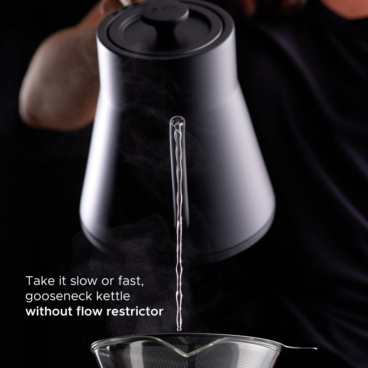 Matte black and stainless steel gooseneck electric kettle with narrow pour spout