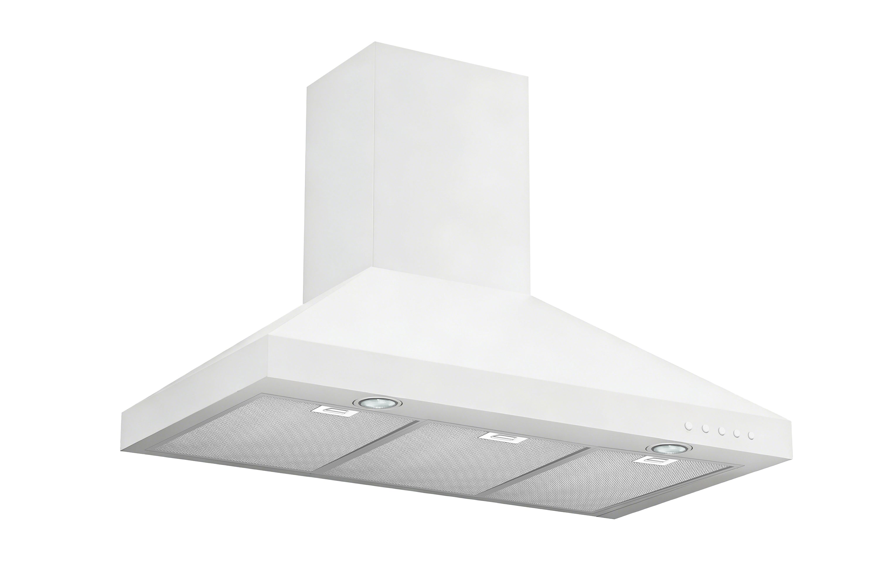 White wall mount range hood with chimney and two metal mesh filters