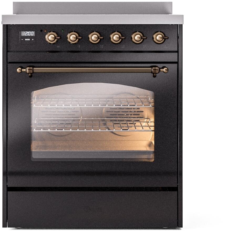 Glossy black freestanding induction range with bronze knobs and oven door window